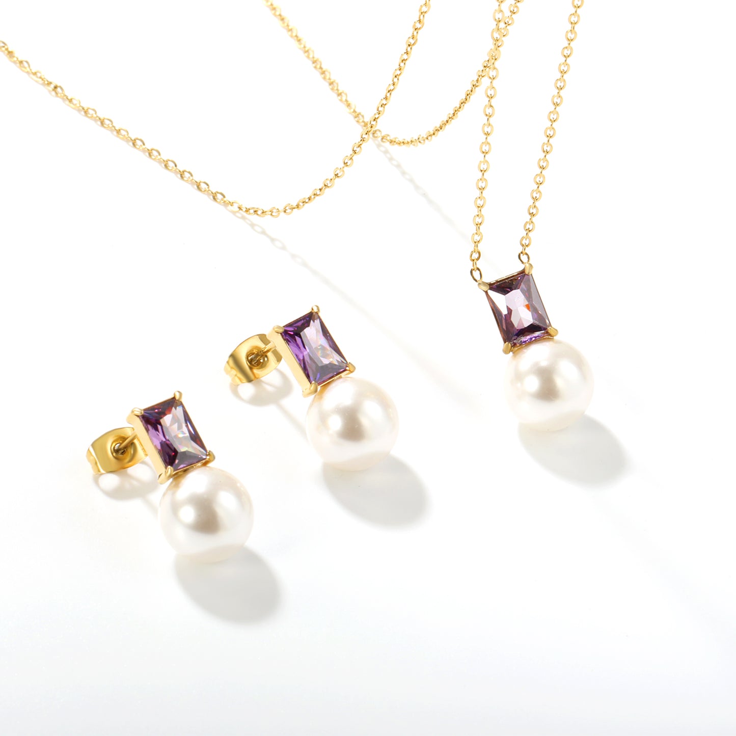 ✨ Wholesale Gold Stainless Steel Rectangular Purple Zircon & Pearl Pendant Set (7.5x5.5mm) | 40+5cm Chain | 7g