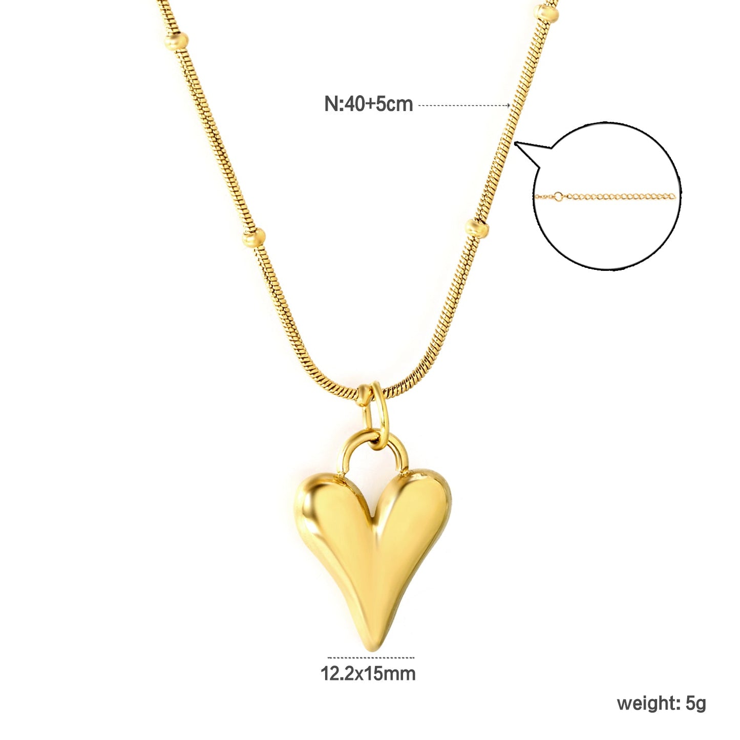 12.2*15mm Pointed Heart Pendant 0.9 Round Snake Bead Chain*40+5cm+6mm Round Plaque Necklace Golden