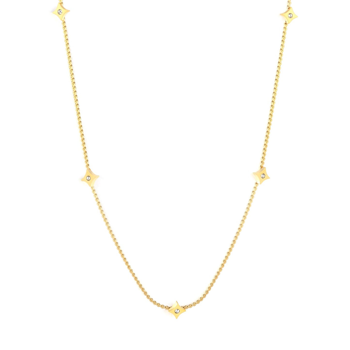 5.6mm Four-pointed Star Sticky White Zirconium Accessory 1.1mm S Chain*40+5cm+6mm Round Plaque Necklace Golden