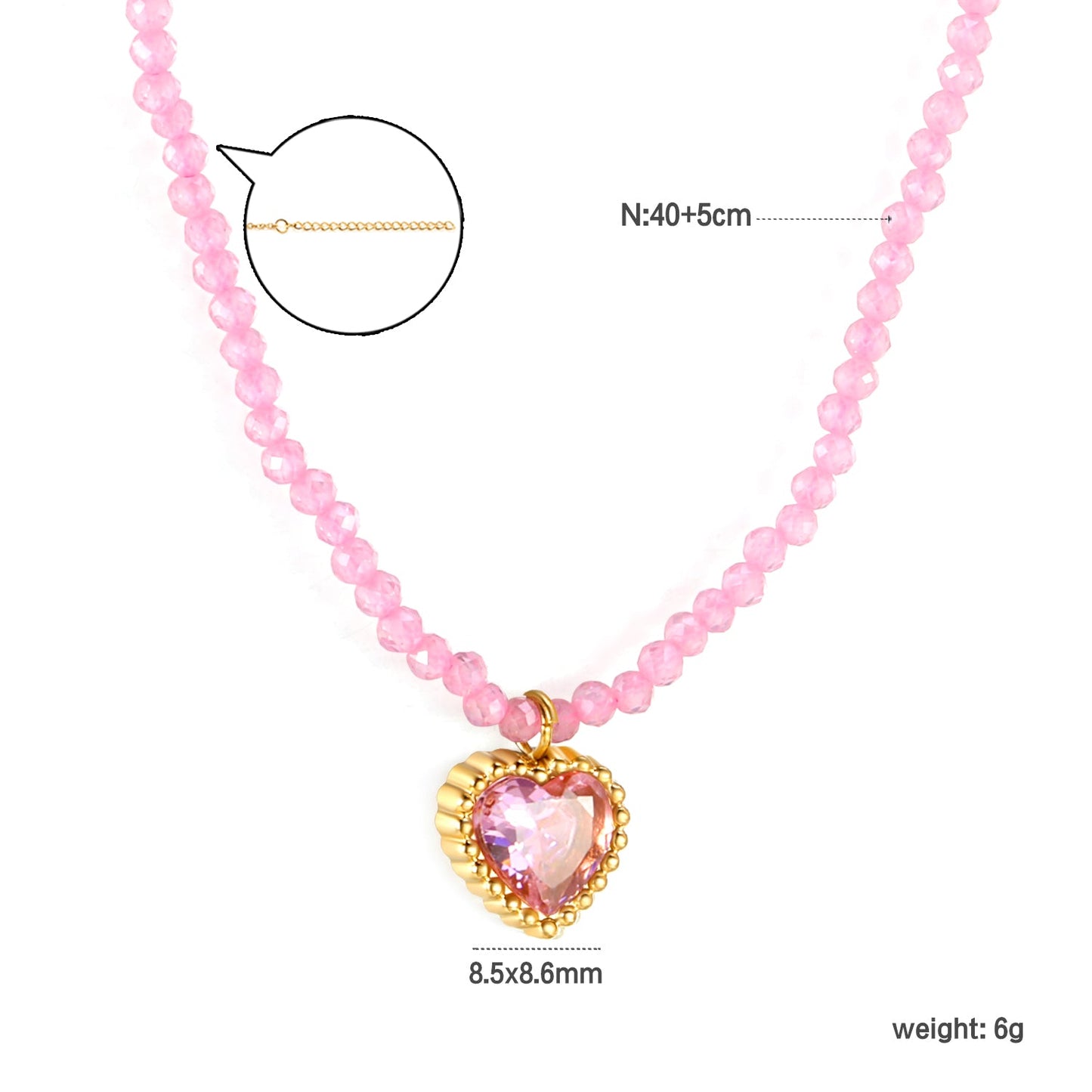 8.5*8.6mm Bead Edge Heart Shape Sticky White/Black/Purple/Red/Pink Zircon Pendant 2mm White Beads*40+5cm+6mm Round Plaque Necklace Gold Color