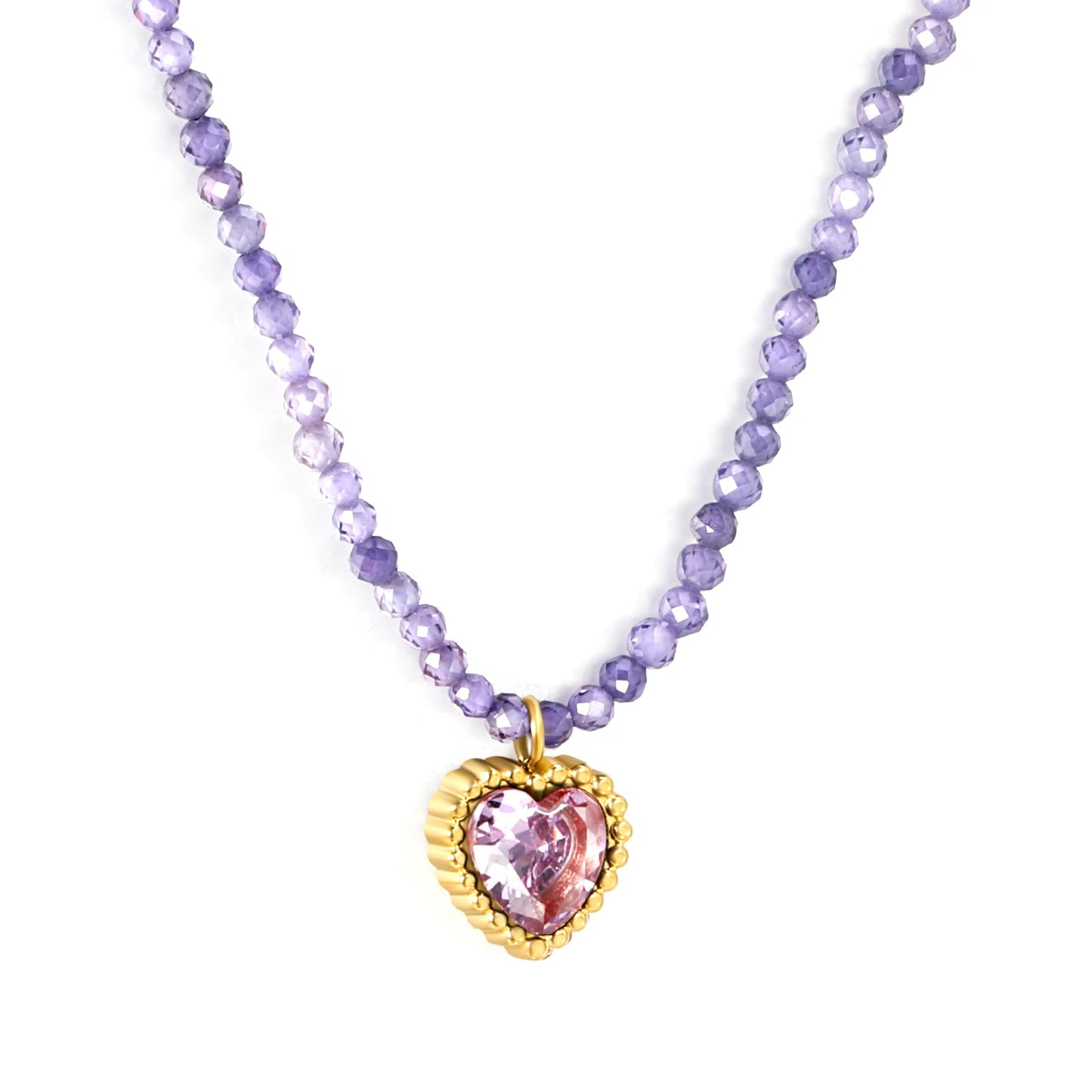 8.5*8.6mm Bead Edge Heart Shape Sticky White/Black/Purple/Red/Pink Zircon Pendant 2mm White Beads*40+5cm+6mm Round Plaque Necklace Gold Color