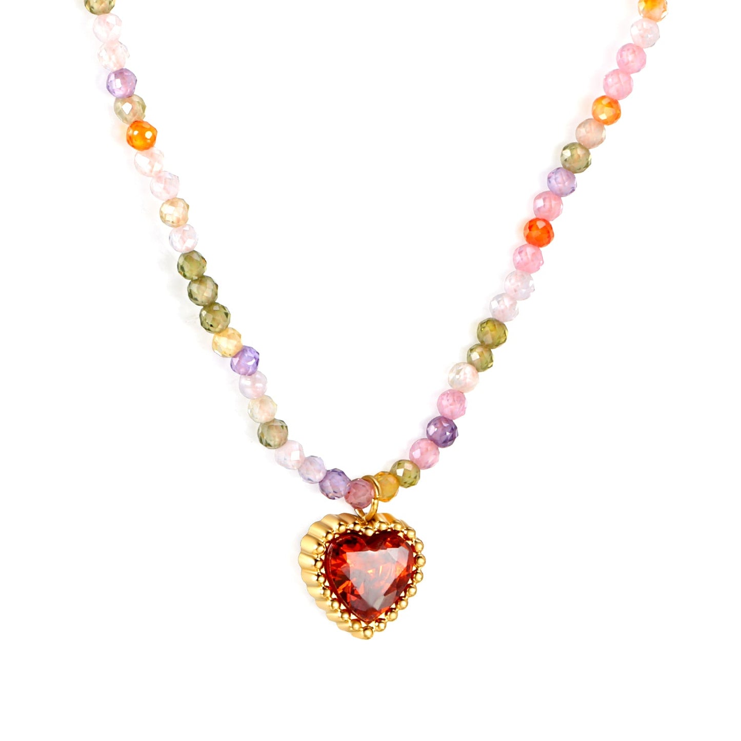 8.5*8.6mm Bead Edge Heart Shape Sticky White/Black/Purple/Red/Pink Zircon Pendant 2mm White Beads*40+5cm+6mm Round Plaque Necklace Gold Color