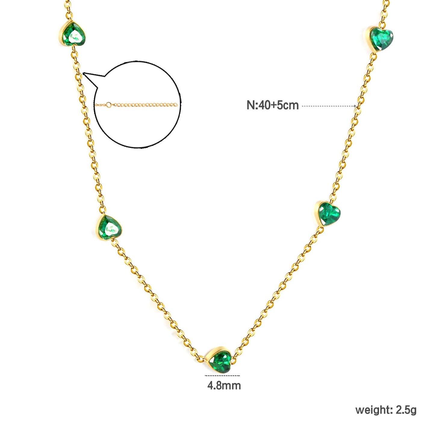 4.8mm Heart Emerald Zirconia Accessories 0.3 Cross Chain*40+5cm+6mm Round Plaque Necklace Gold