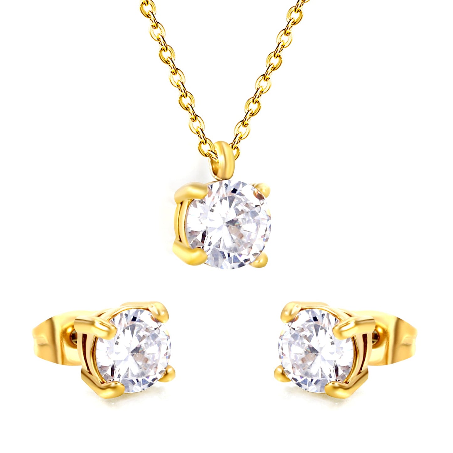 Round white zirconium set Gold-colored earrings:7mm Pendant:7mm 0.3 cross chain*40+5cm+6mm round plate