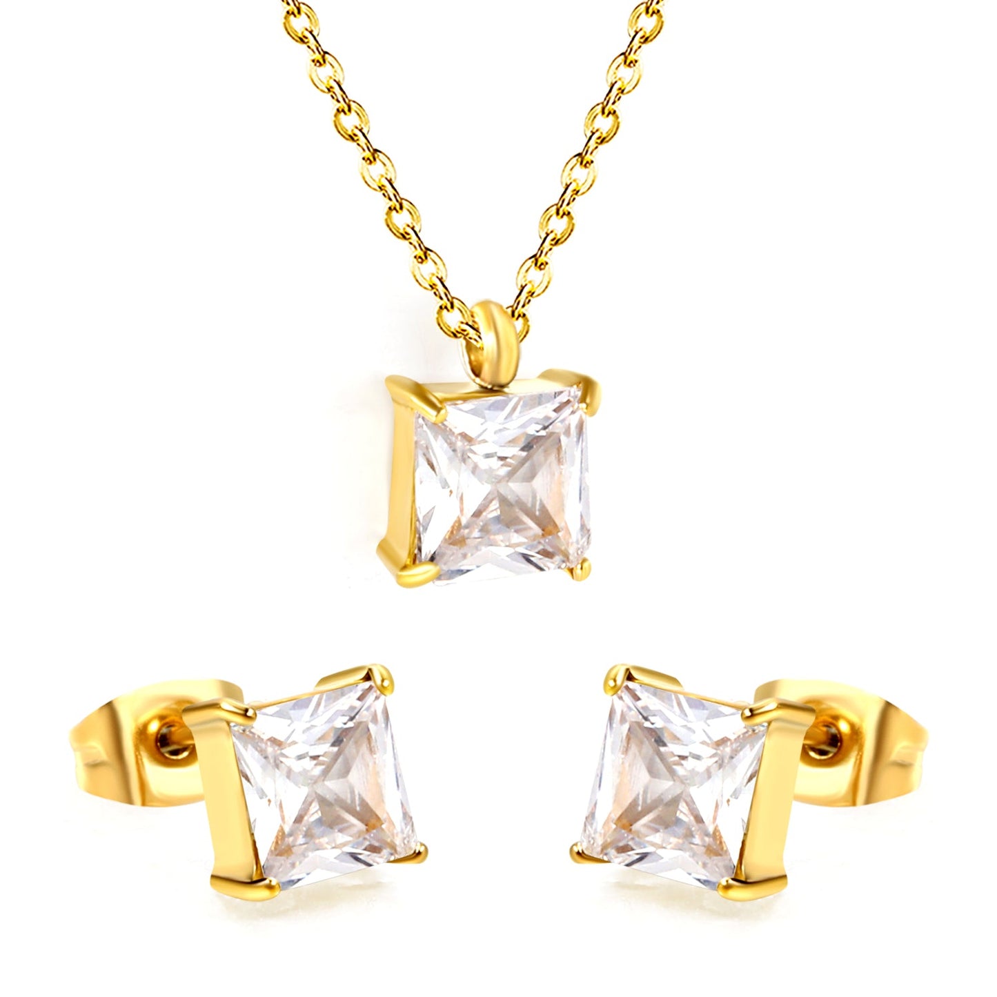 Square white zirconium set Gold color earrings:7mm Pendant:7mm 0.3 cross chain*40+5cm+6mm round plate