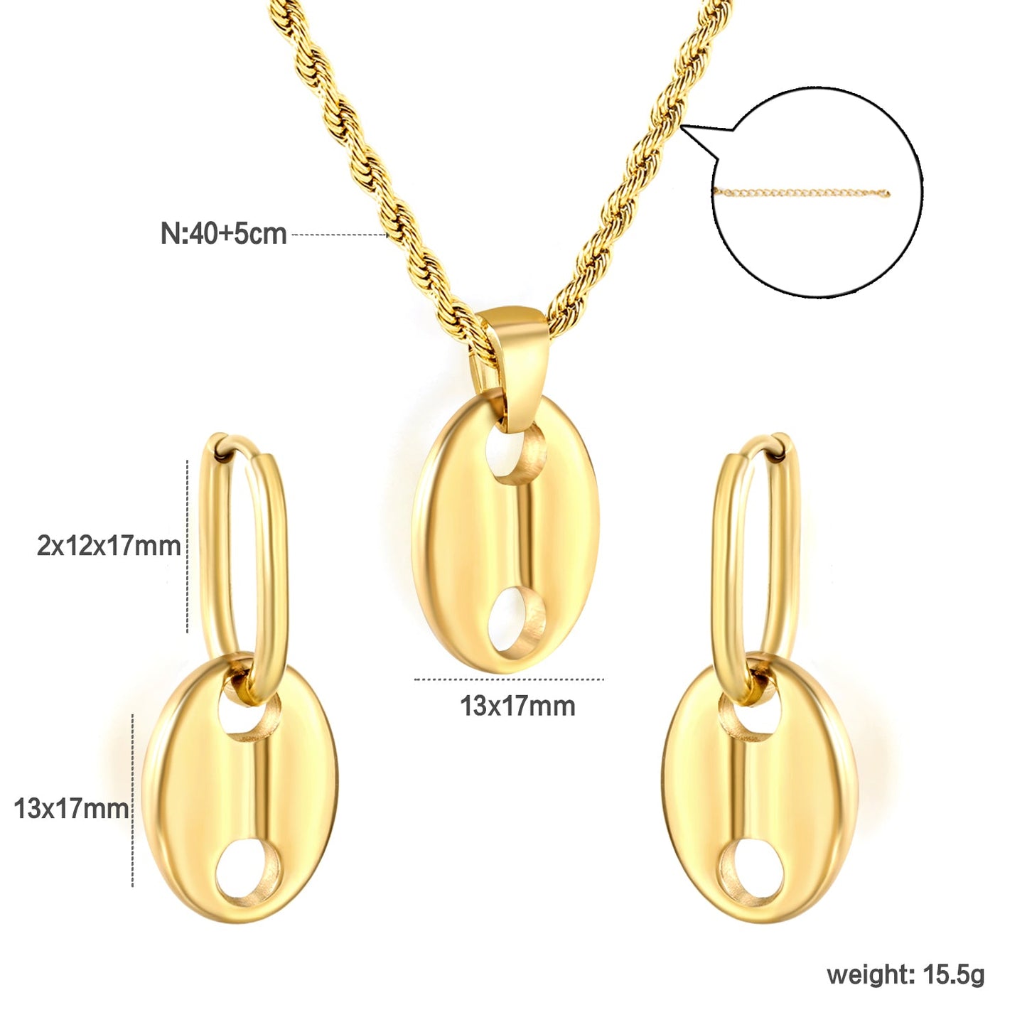 Pig nose set Golden oval wire ear clips: wire 2 * 12 * 17mm Earrings: 13 * 17mm Pendant: 13 * 17mm 2.0 twist chain * 40 + 5cm + 6mm round plate