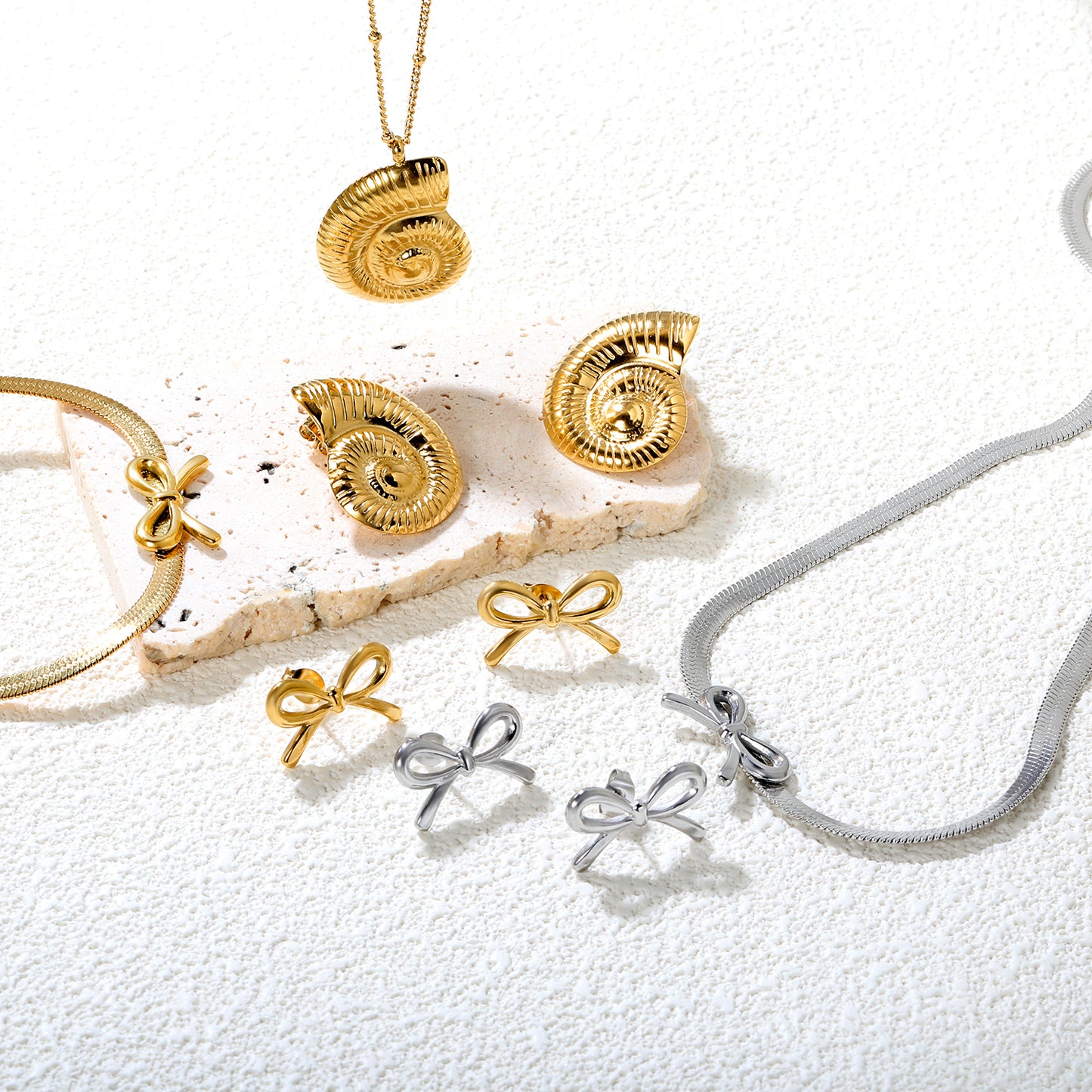 ✨🎀 18K Gold Bowknot Jewelry Set Wholesale (MOQ 12+) | Stainless Steel Necklace & Earrings 🌍 | Hypoallergenic Luxury Gift Set