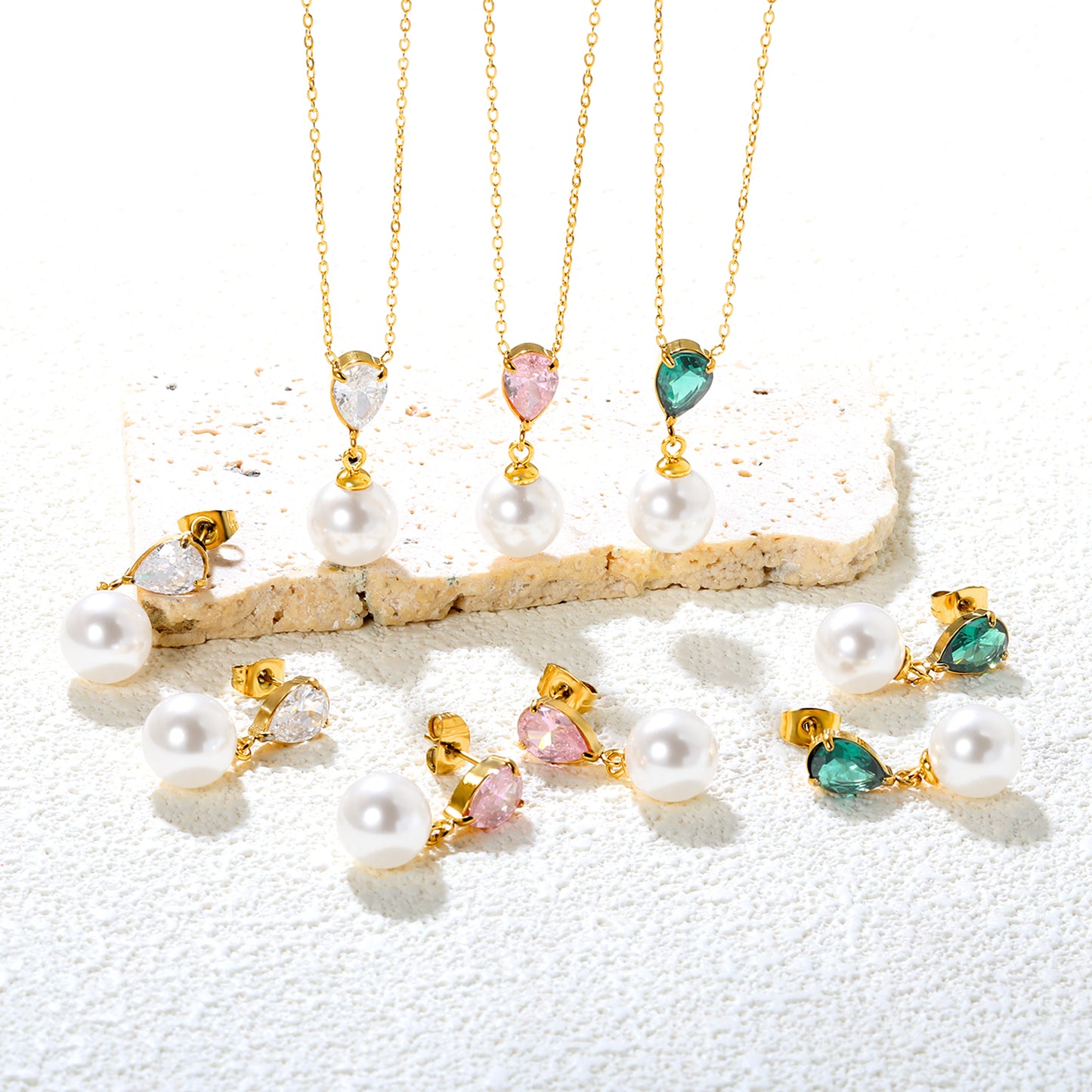 ✨💎 18K Gold Zircon & Pearl Jewelry Set Wholesale (MOQ 12+) | Stainless Steel Necklace & Earrings 🌍 | Hypoallergenic Luxury Gift Set