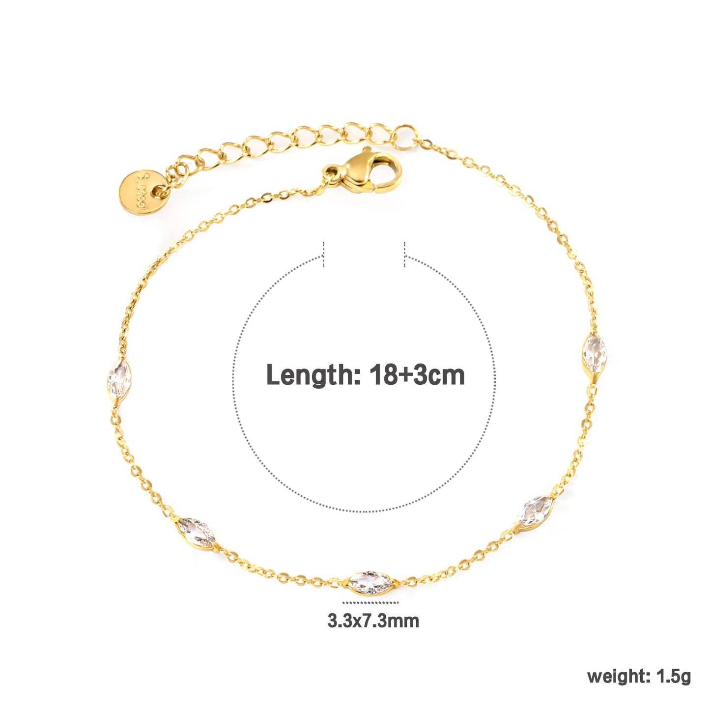 3.3*7.3mm Horse Eye White Zirconium Accessories 0.3 Cross Chain*18+3cm+6mm Round Plaque Bracelet Golden