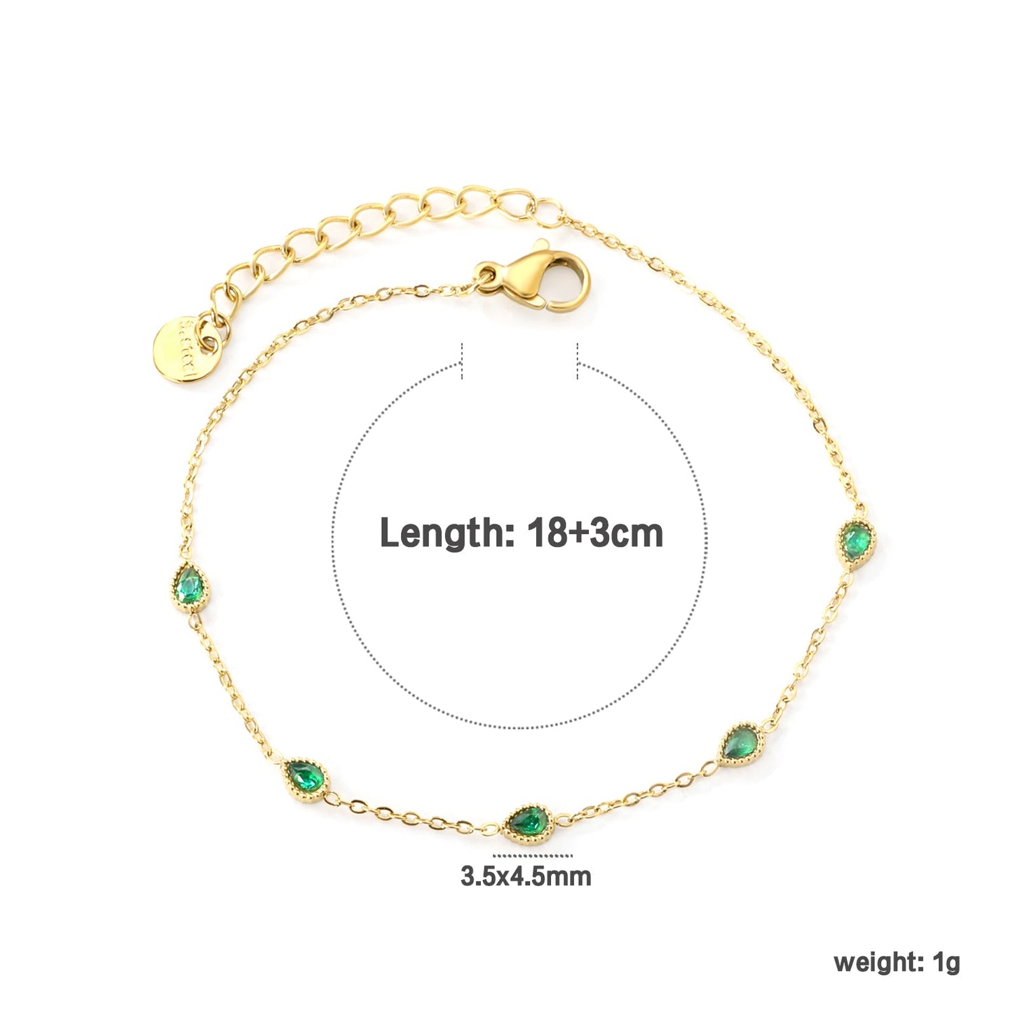 3.5*4.5mm teardrop shaped sticky emerald zirconium fittings 0.3 cross chain*18+3cm+6mm round plaque bracelet gold color