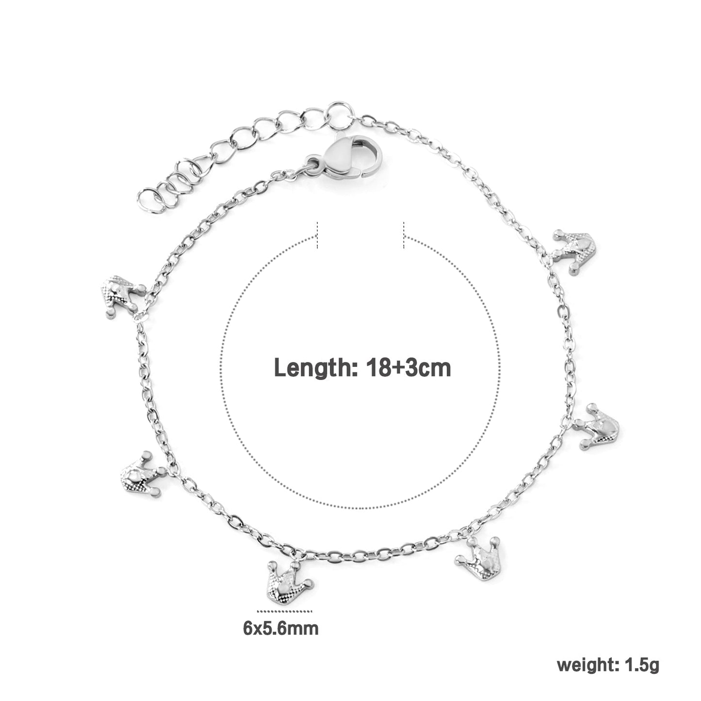 6 x 6mm Small Crown Accessories 17+3cm Bracelet Steel/Gold