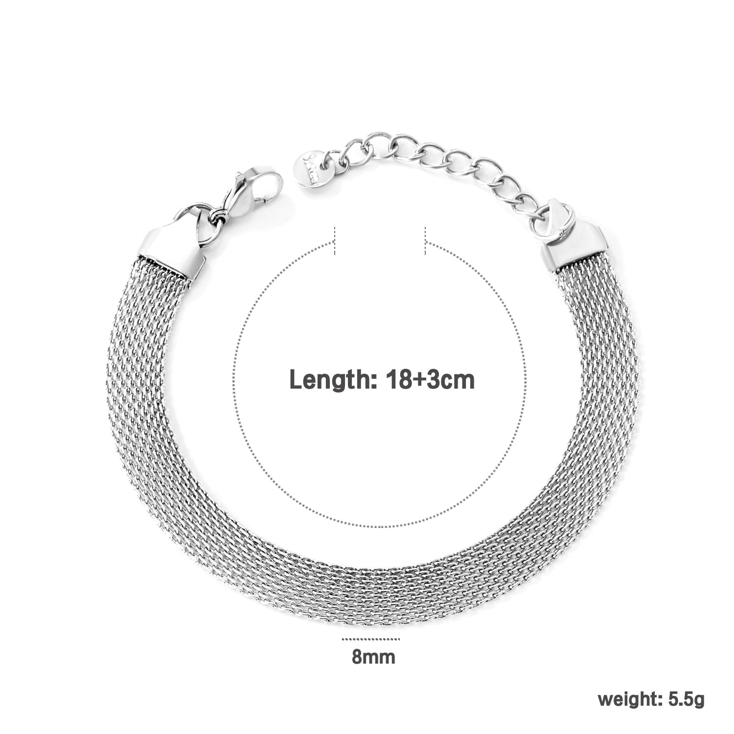 Width 6mm/8mm*Thickness 1mm Flat Mesh Bracelet 18+3cm+6mm Round Tail Plate Gold/ Steel