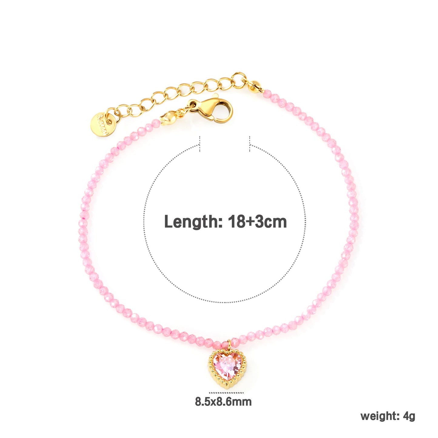 8.5*8.6mm Bead Edge Heart Shape Sticky White/Black/Purple/Red/Pink Zirconia Accessories 2mm White Beads*18+3cm+6mm Round Plaque Bracelet Golden