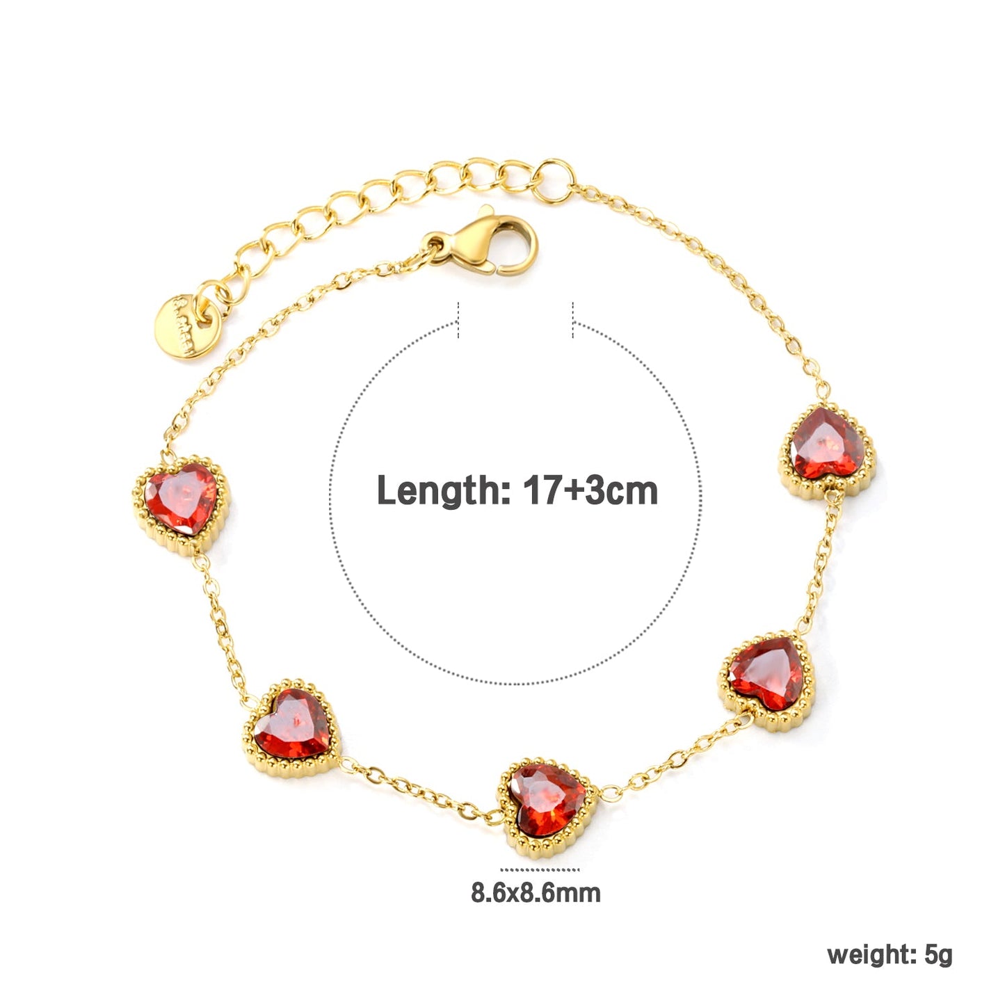 8.6mm Heart with White Crystal/Black Crystal/Red Zirconium Fittings 0.35 Cross Chain*17+3cm+6mm Round Plaque Bracelet Gold Color