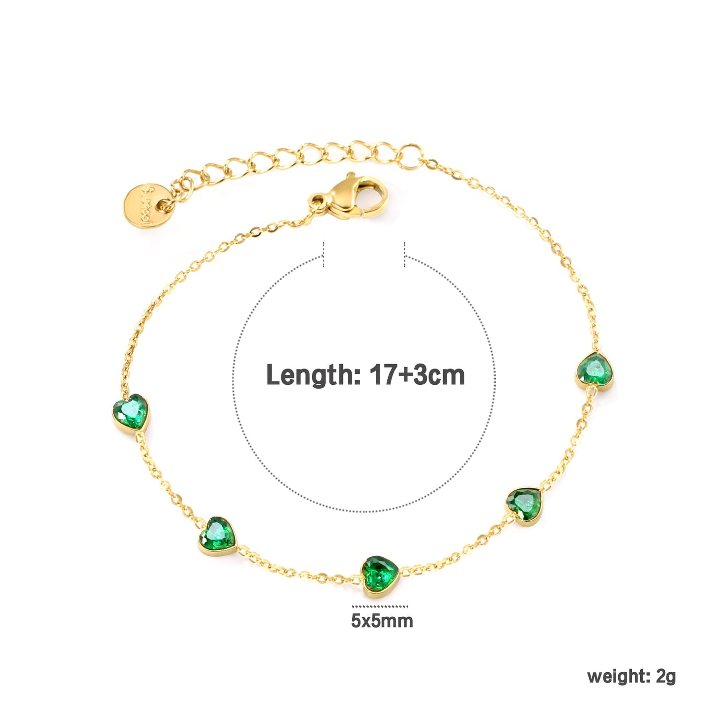5mm heart shaped emerald zirconium accessories 0.3 cross chain *17+3cm+6mm round plaque bracelet gold color