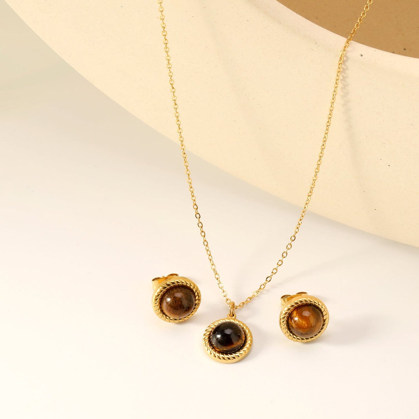 Tiger's Eye Set Gold-colored earrings:11.6mm Pendant:11.6mm 0.3 cross chain*40+5cm+6mm round plaque