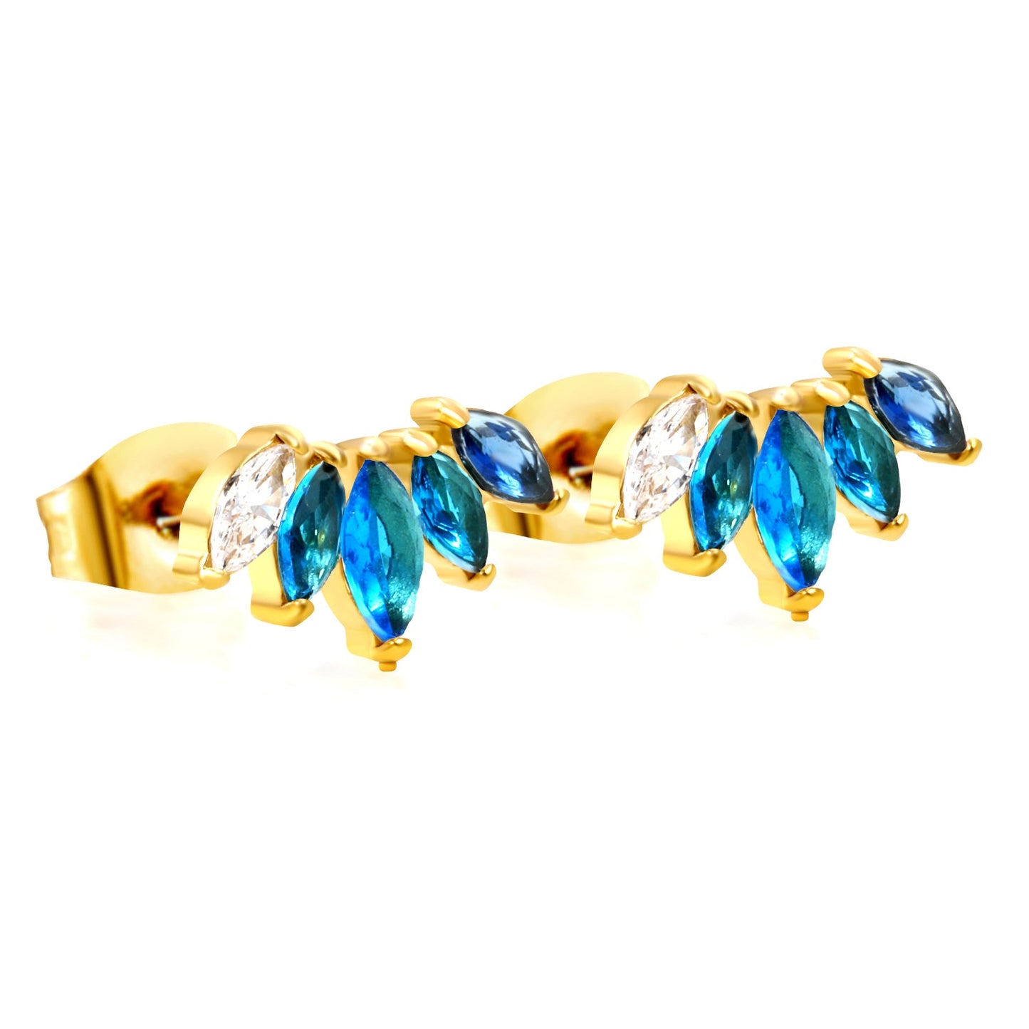 12*7mm size diamond with white zirconium/gradient blue zirconium+white zirconium/mixed zirconium stud earrings gold color