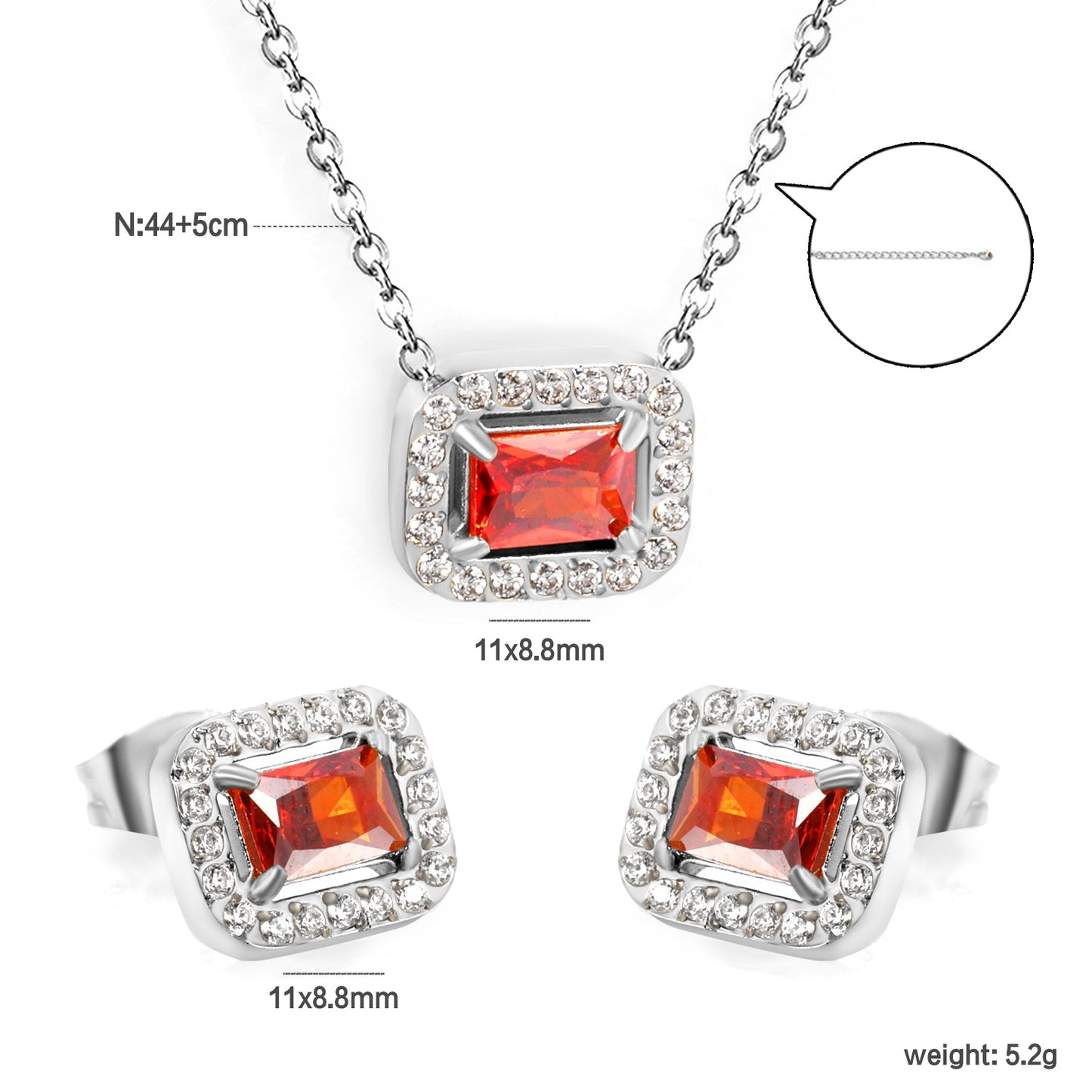 11*8.8mm rectangle garnet red zirconium with white zirconium circle earrings + necklace cross chain 0.3*44+5cm+6mm round end plate Set steel color/golden