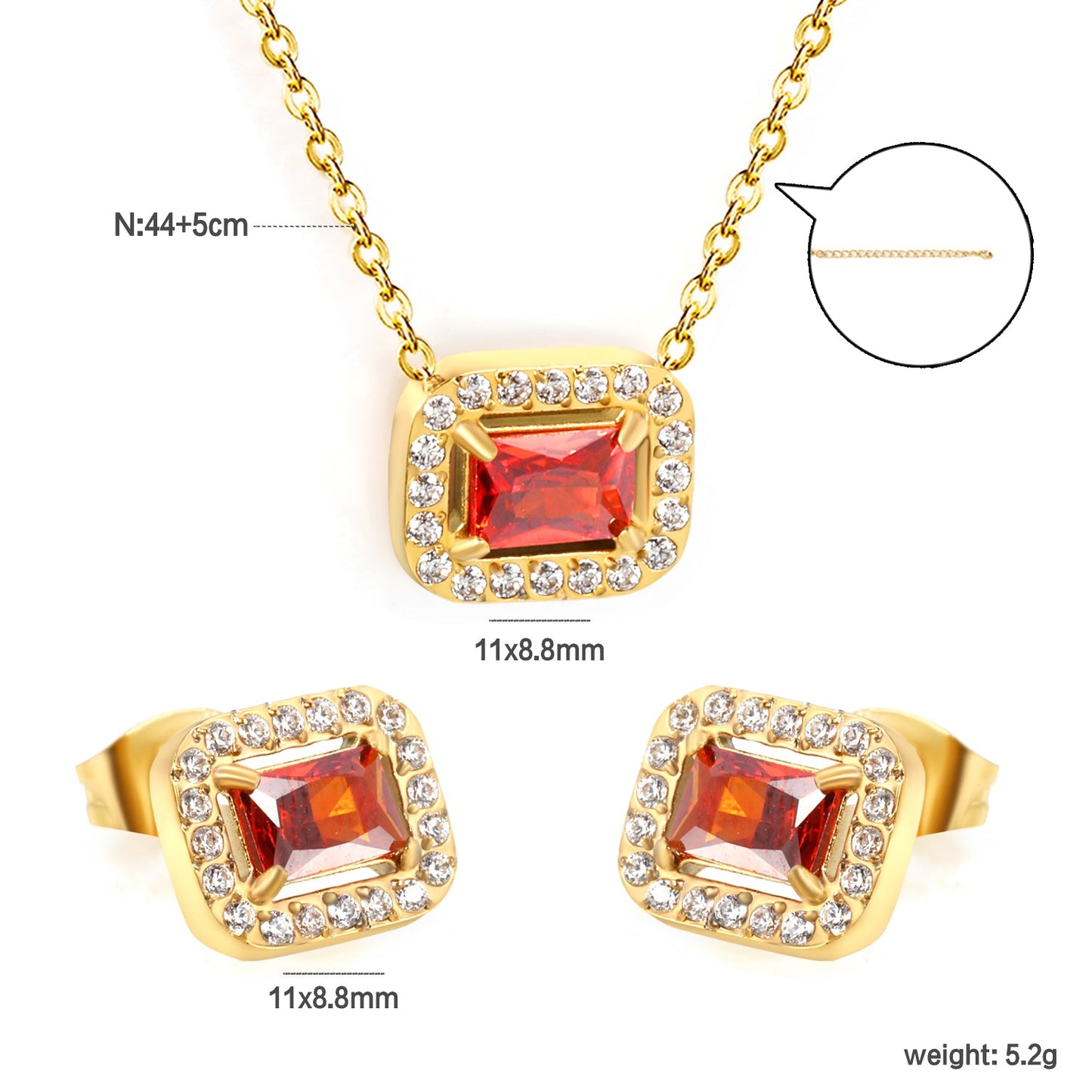 11*8.8mm rectangle garnet red zirconium with white zirconium circle earrings + necklace cross chain 0.3*44+5cm+6mm round end plate Set steel color/golden