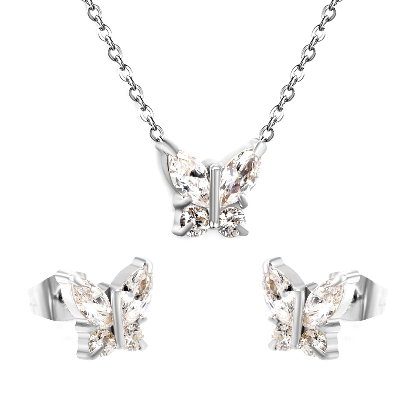 9.3*8.4mm Butterfly with white zirconium/color zirconium earrings + necklace 0.3*44+5cm+6mm round tail plate set steel/golden