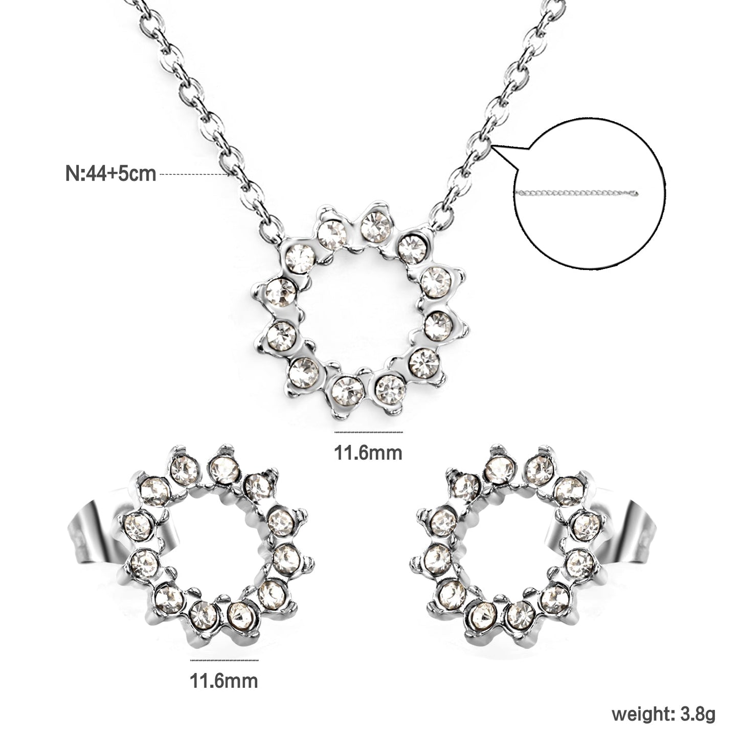11.6mm Lace Circle with White Zirconium Stud Earrings + Necklace Cross Chain 0.3*44+5cm+6mm Round End Plate Set Steel/Golden
