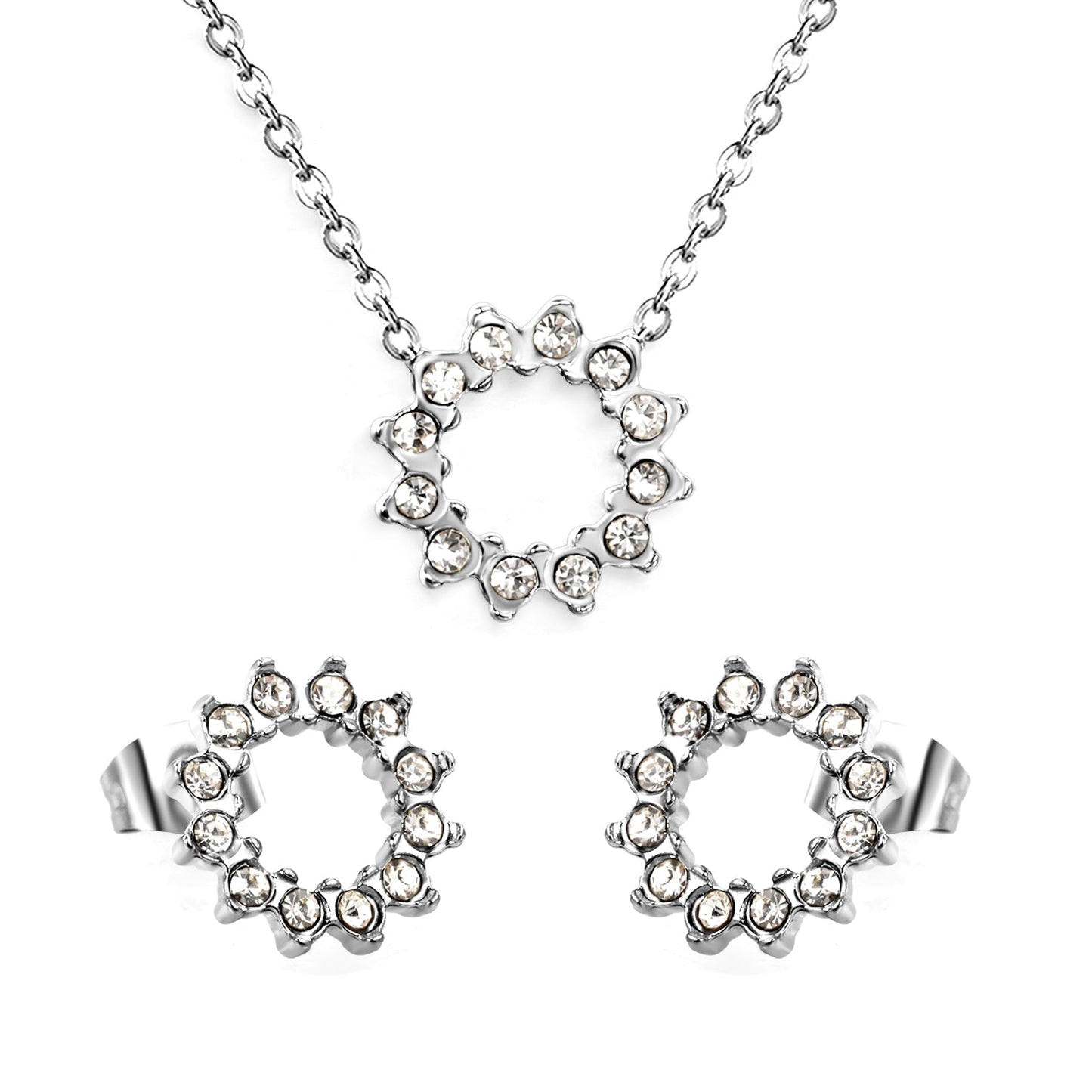 11.6mm Lace Circle with White Zirconium Stud Earrings + Necklace Cross Chain 0.3*44+5cm+6mm Round End Plate Set Steel/Golden