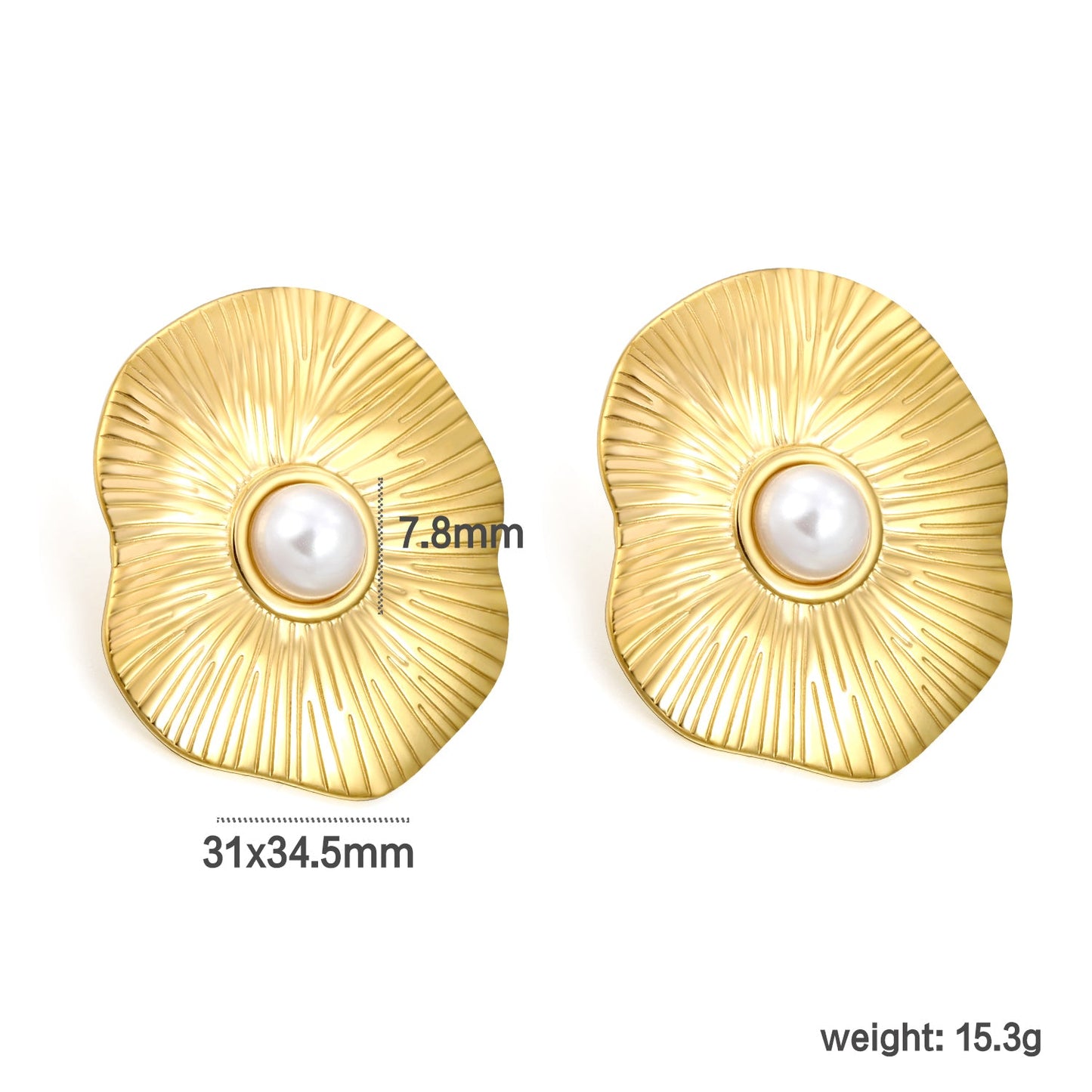 31*34.5mm Lotus Leaf with 7.8mm Half White Gum Bead Stud Earrings Gold Color