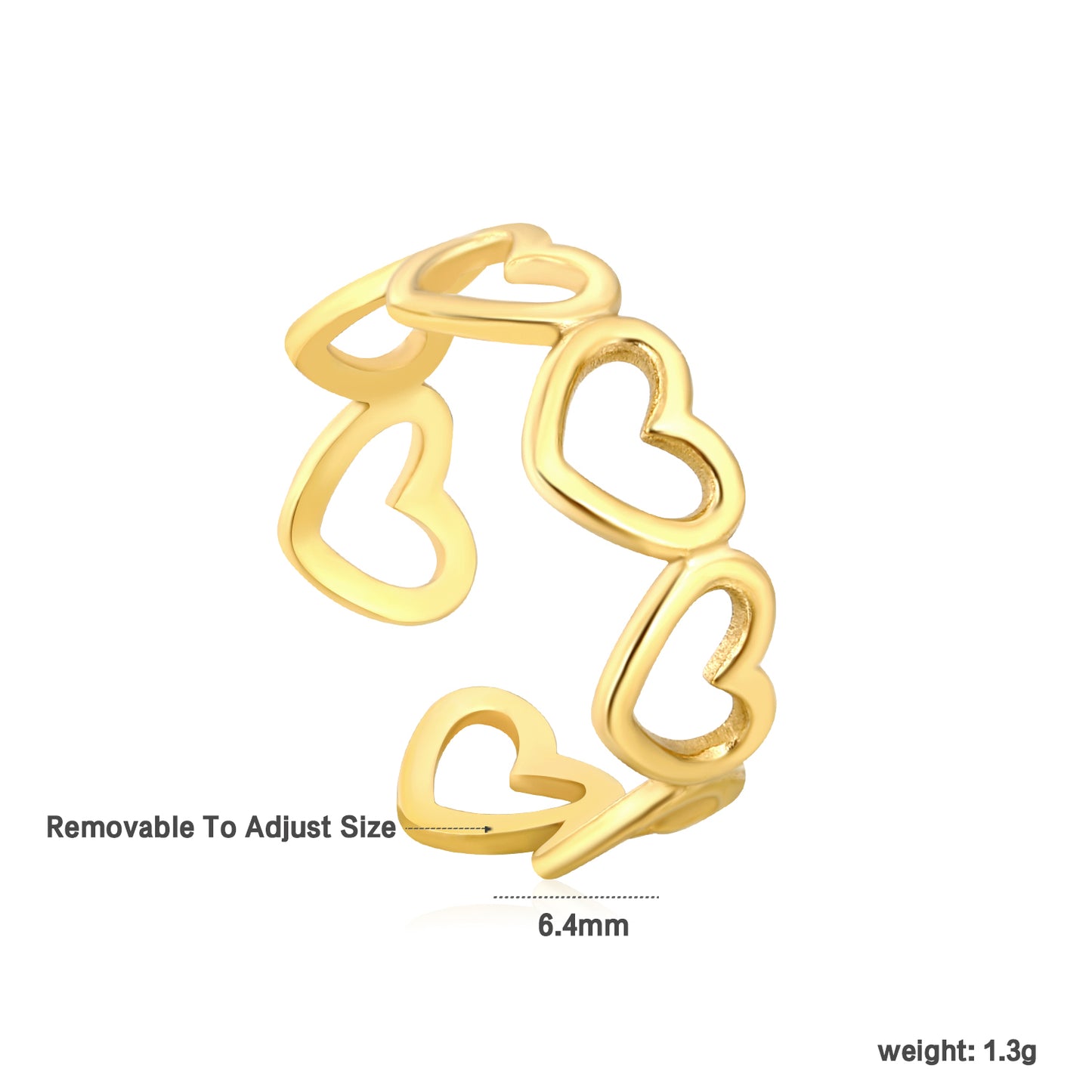 6.4mm 18K Gold Plated Stainless Steel Ring Hollow Heart Shaped Finger