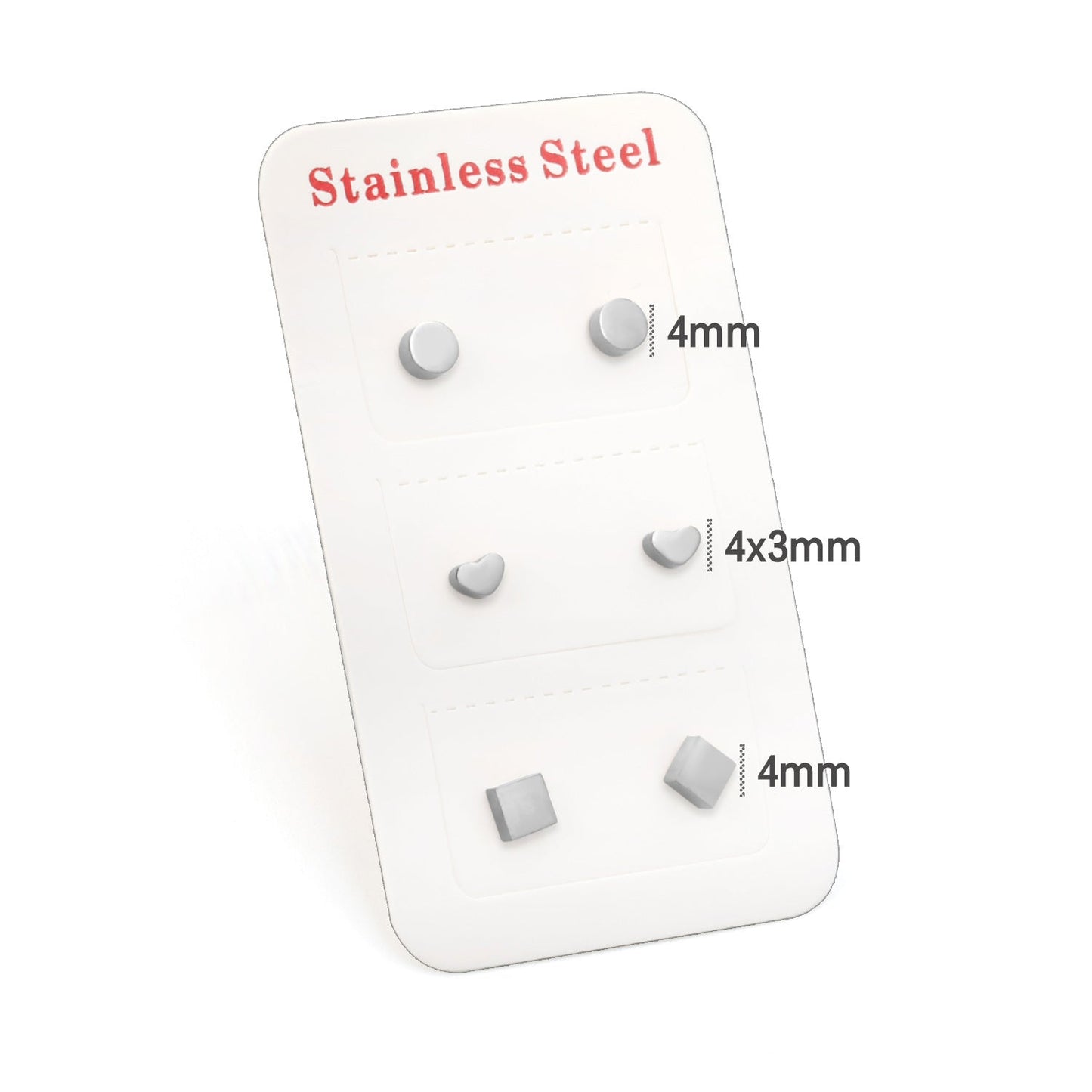3 Pairs Mixed Cut Stud Earrings (Round 4mm, Heart 4*3mm, Square 4mm) Steel Color/Golden Color
