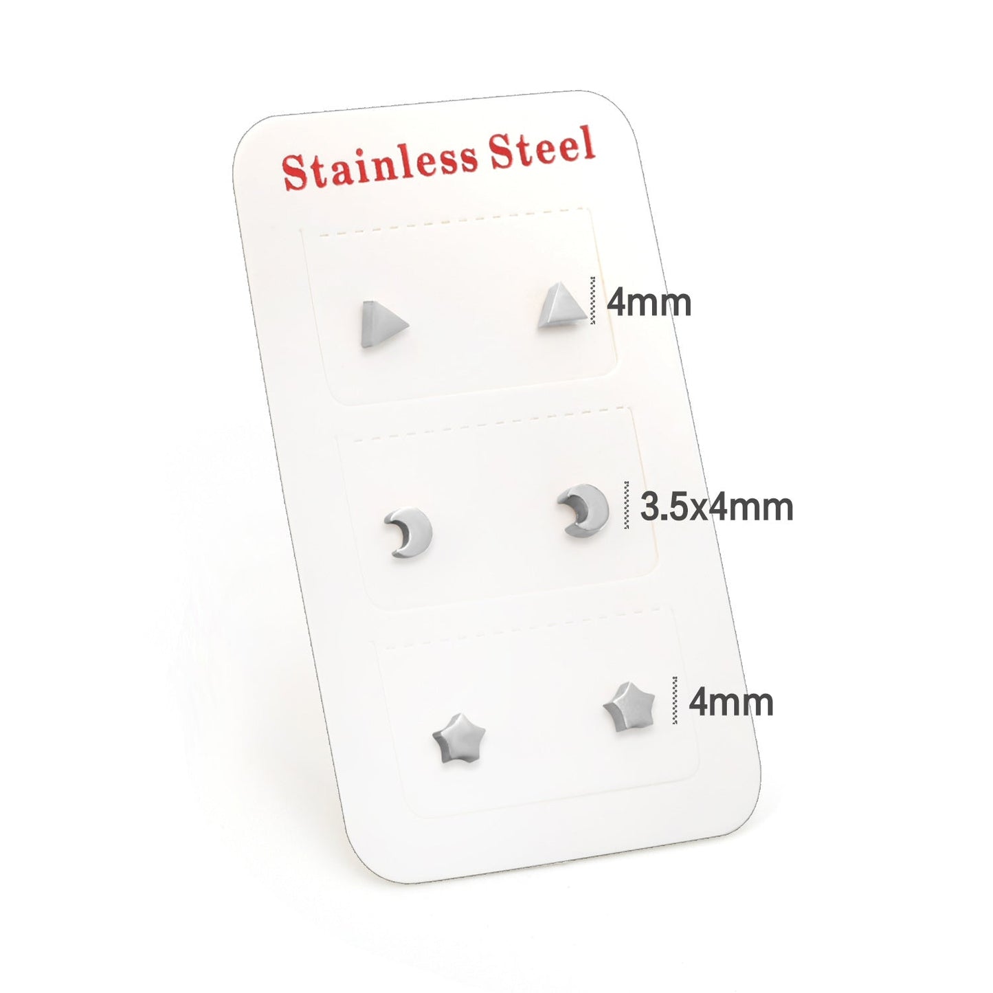 3 Pairs Mixed Cut Stud Earrings (Triangle 4mm, Moon 3.5*4mm, Star 4mm) Steel/Gold/Rose Gold