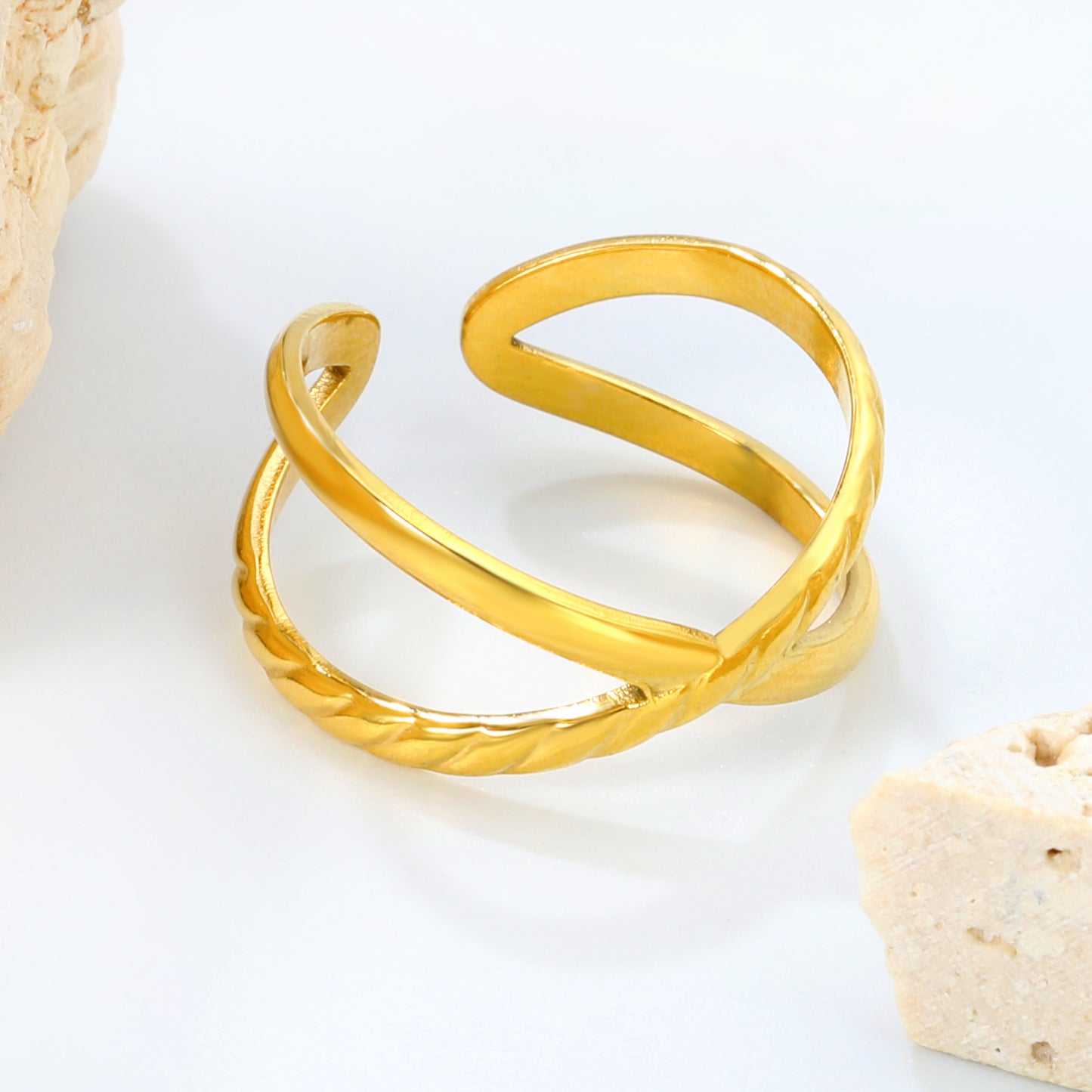 Wholesale Stainless Steel Ring Gold Plated Textured Double Cross Finger Tarnish Free Jewelry