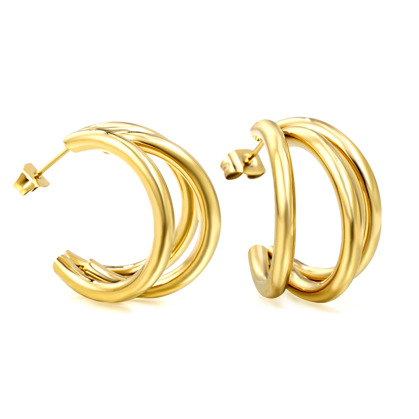 Triple Size C-Shaped Gold Stud Earrings 3*17*24.7mm