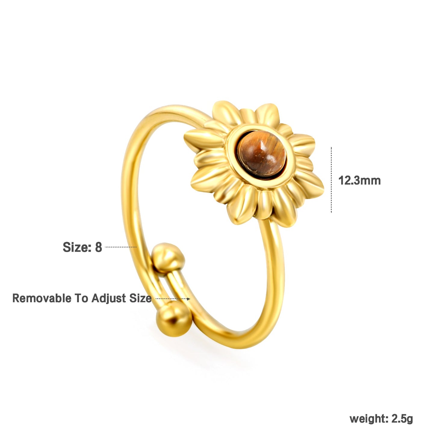 12.3mm Sun Belt White Cat's Eye/Black Cat's Eye/Turquoise/Tiger's Eye Ring Golden 8