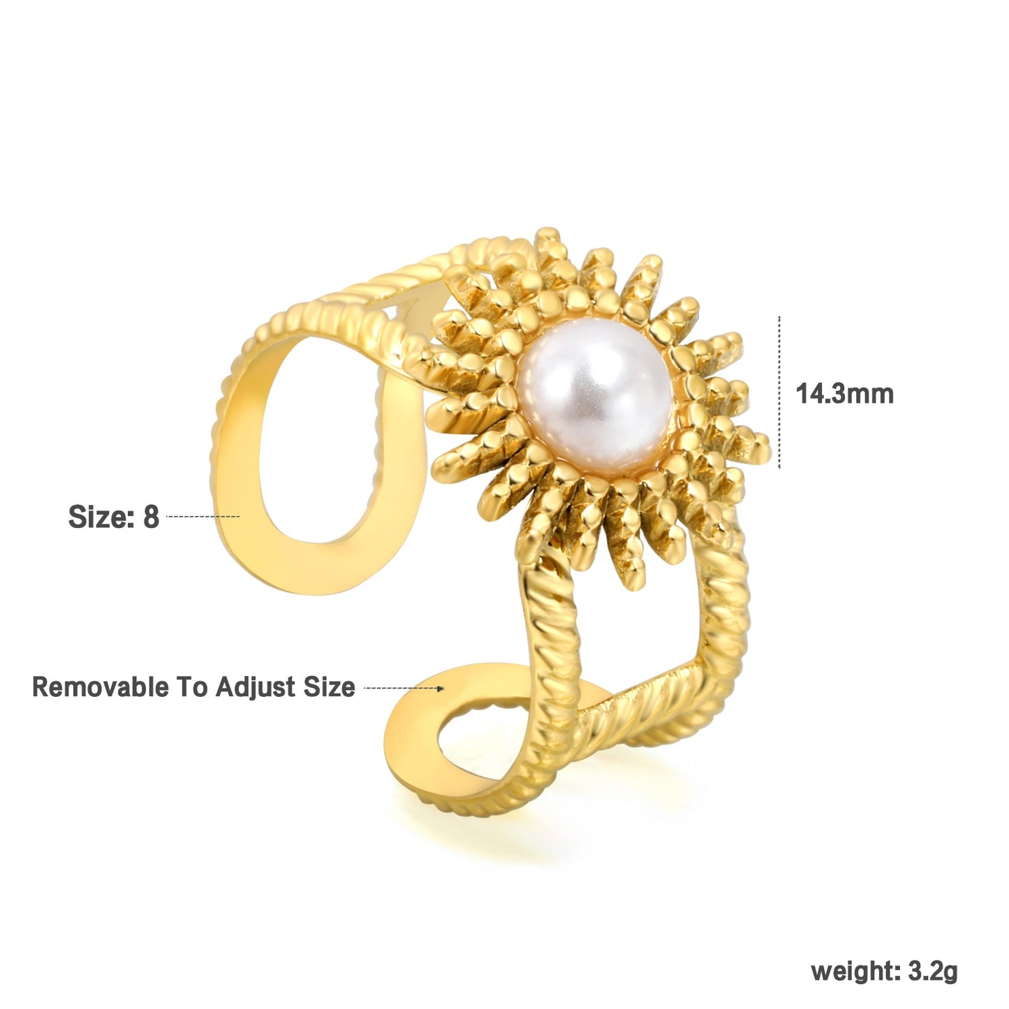 14.3mm sun band pearl/turquoise/tiger's eye Split ring Gold 8