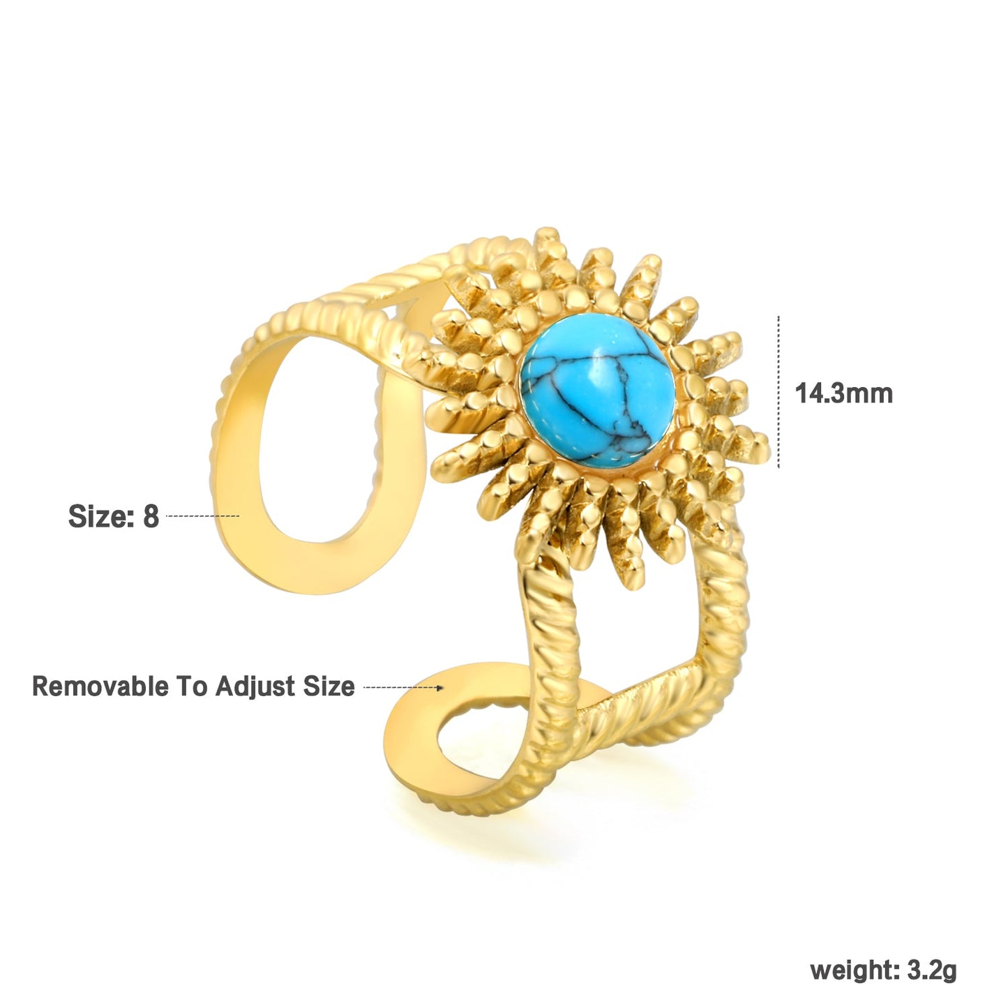 14.3mm sun band pearl/turquoise/tiger's eye Split ring Gold 8