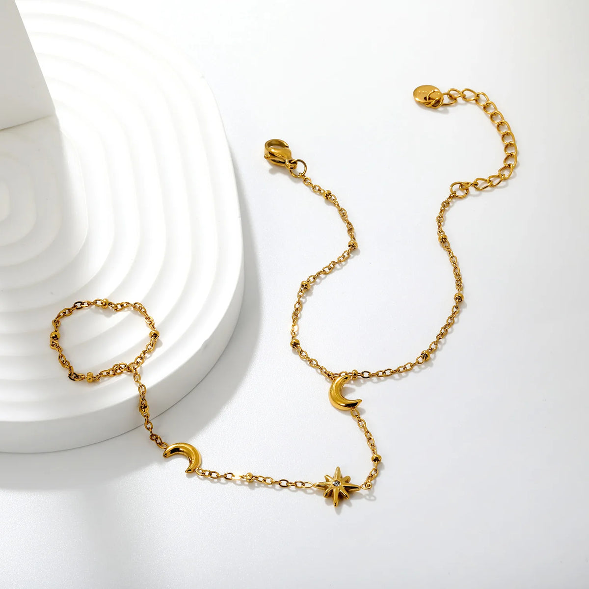 Moon Star Hand Chain Bracelet With Attached Ring | 6x8mm Crescent Moon | 9.5mm Star CZ Charm | 15+5cm Cable Chain