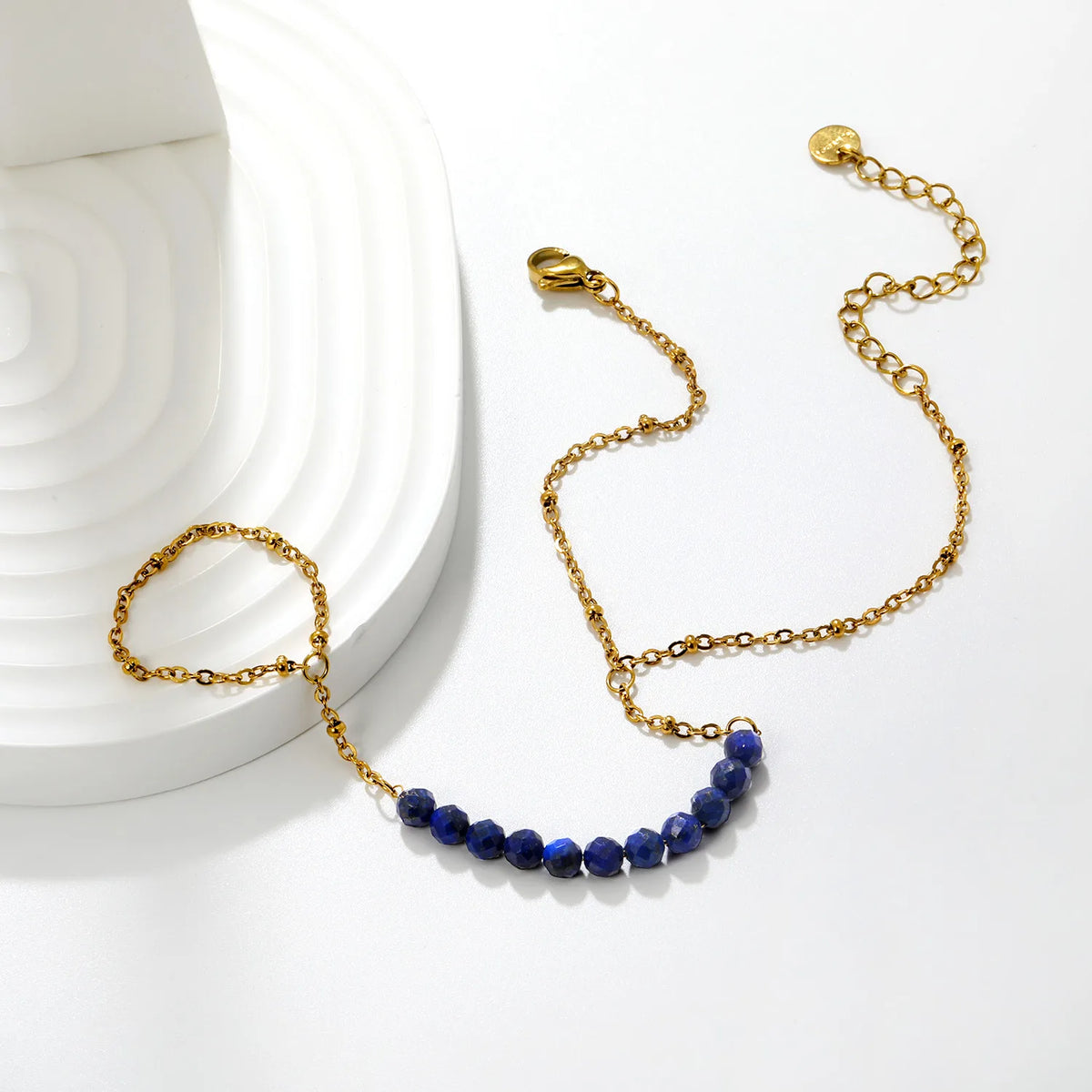 Faceted Blue Crystal Bead Hand Chain Bracelet With Attached Ring | 4mm Round Beads | 15+5cm Cable Chain
