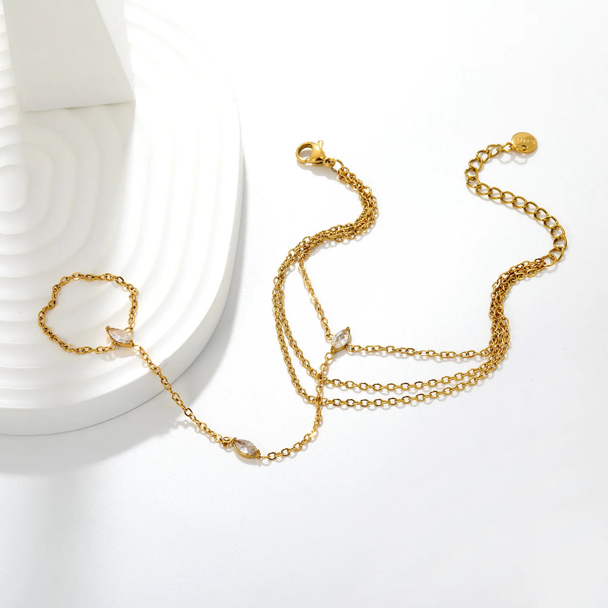 Triple Layer Marquise CZ Hand Chain Bracelet With Attached Ring | 3x7mm Marquise Zircons | 17+16+16+5cm Multi Strand Chain