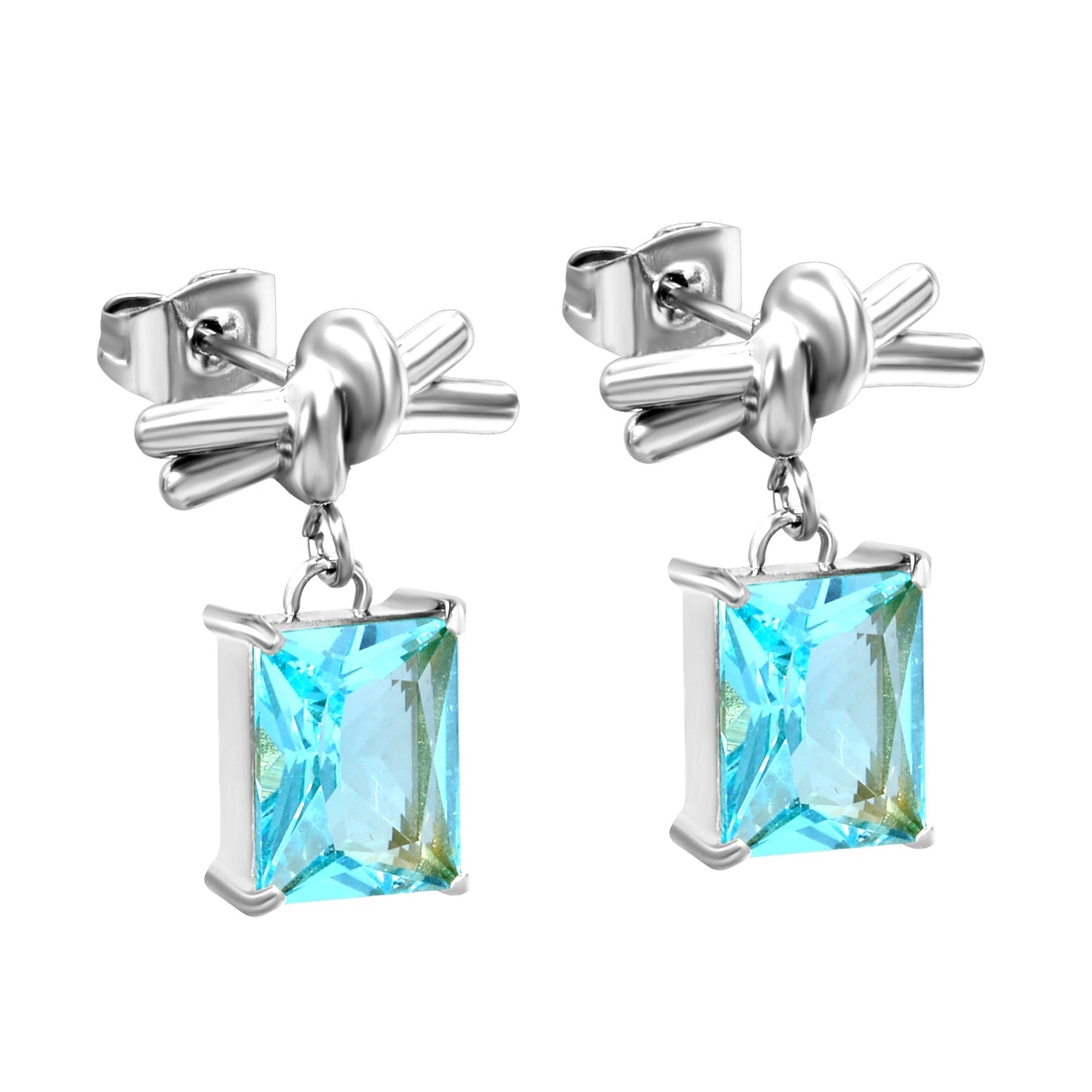 13.3*6mm Rope Ribbon + 8*10mm Rectangle Light Blue Zirconia Earrings Steel/Golden