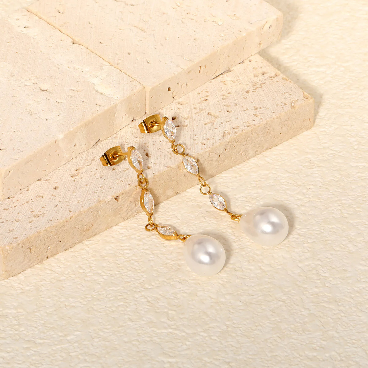 Luxury Linear Marquise Zircon Drop Pearl Earrings Long Chain Wedding Bridal Ear Jewelry