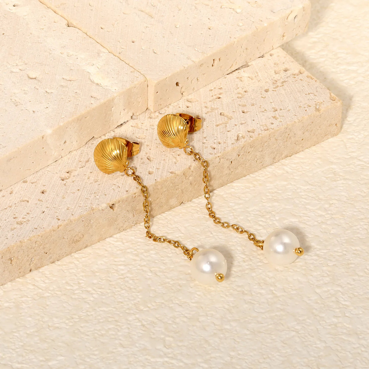 Beach Inspired Seashell Pearl Dangle Earrings Long Chain 18K Gold Plated Summer Ear Jewelry | Wholesale MOQ 12