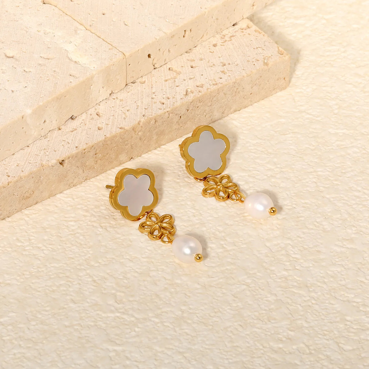 Dainty Layered Floral Shell Dangle Earrings Hollow Flower Charm Freshwater Pearl Drop Earrings