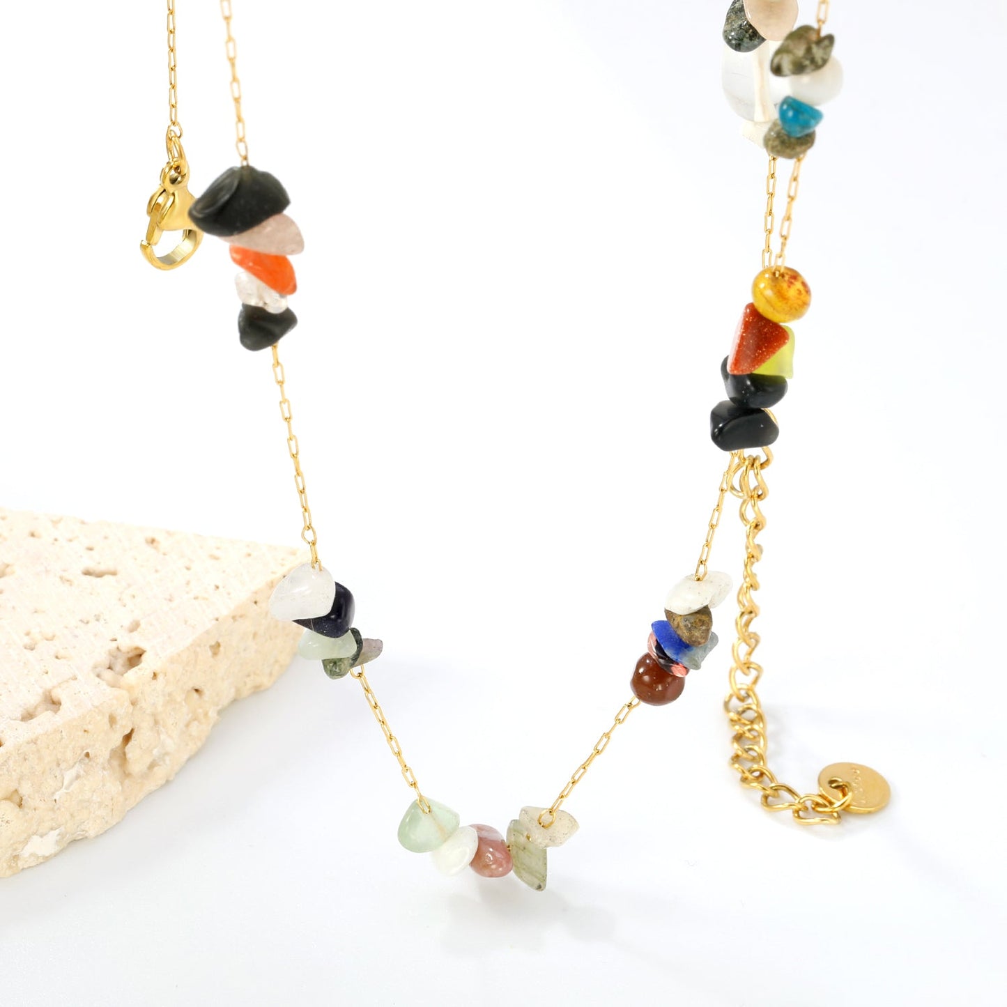 White/blue turquoise/purple/pink crystal/mixed color accessories 0.3 elongated chain *40+5cm+6mm round plate necklace gold color