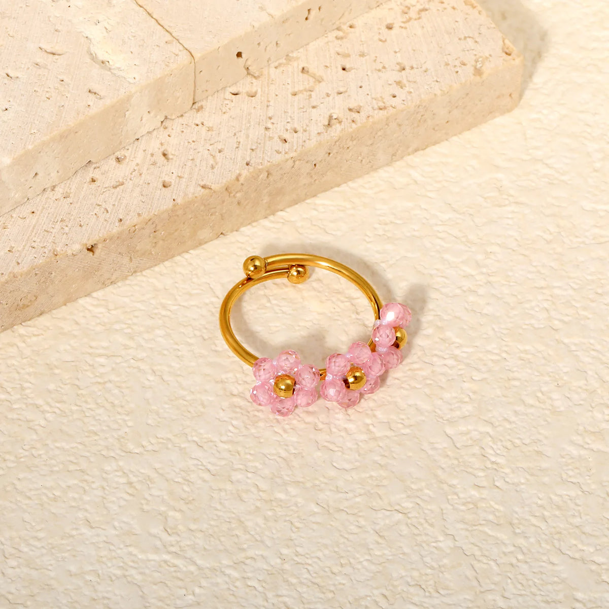 Flower Beaded Open Ring | 9mm Faceted Crystal Cluster Adjustable Ring | 18K Gold Plated | White & Pink Available