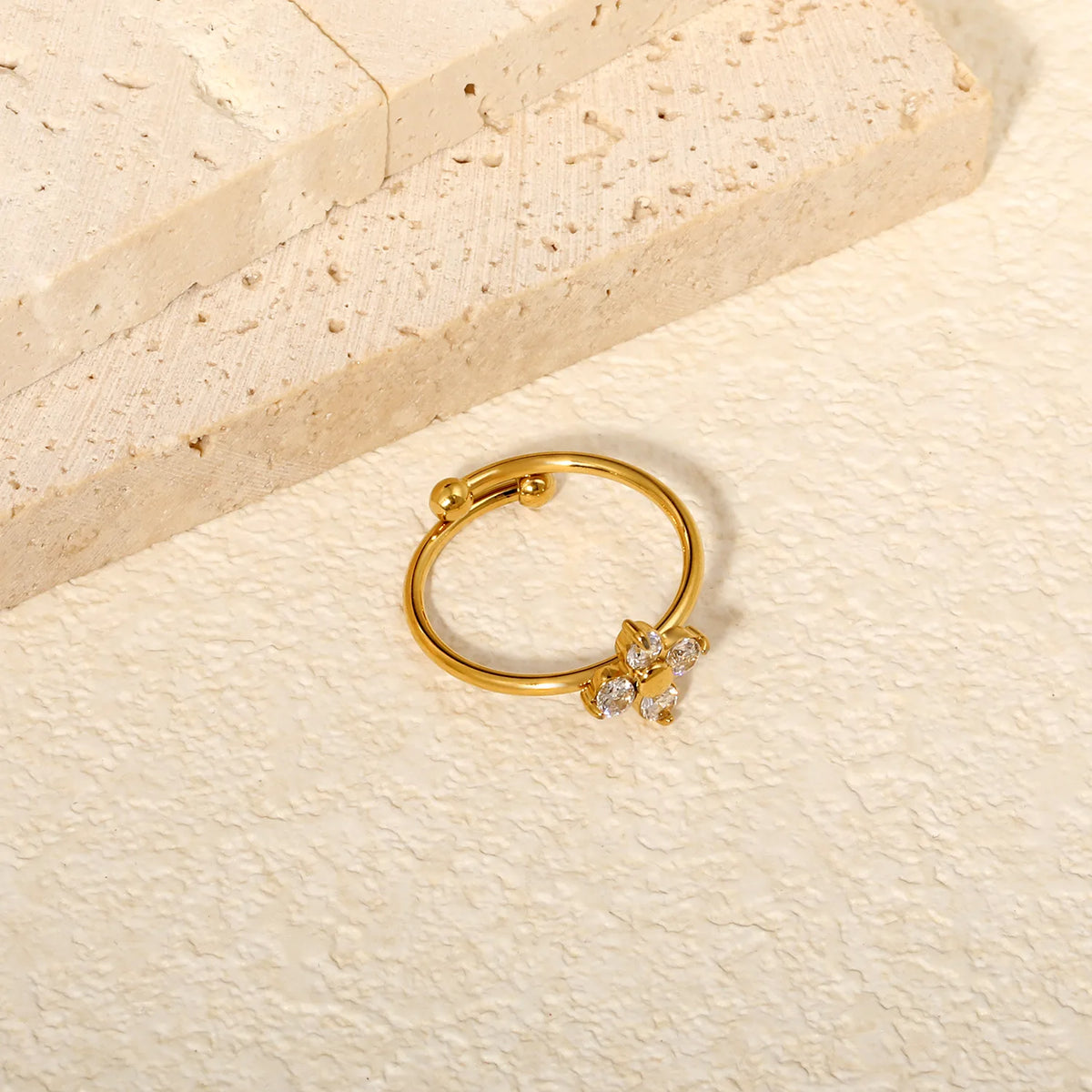 Four Leaf Clover CZ Open Ring | 9.5mm 18K Gold Plated Adjustable Floral Ring | Size 7
