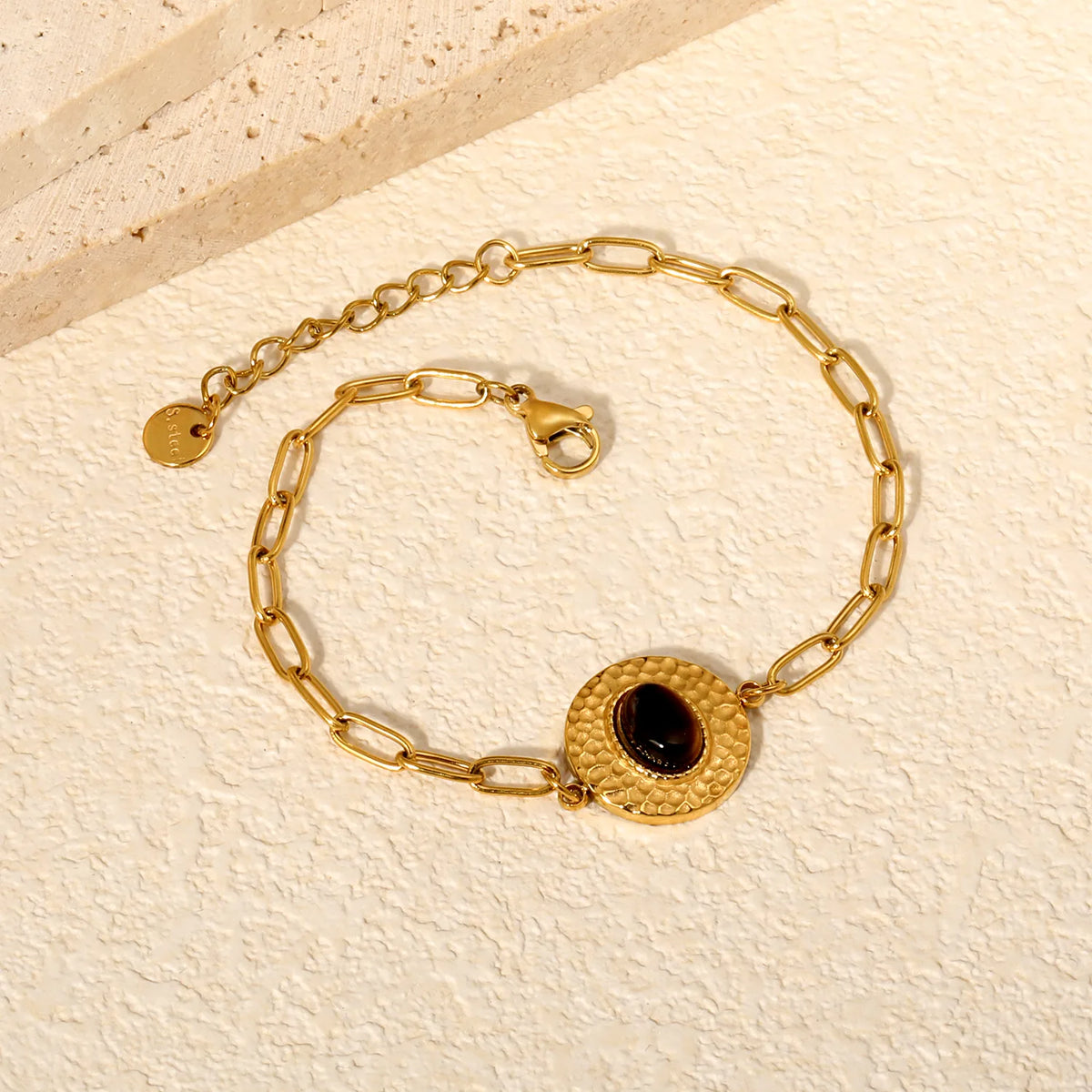 Boho Hammered Round Tiger Eye Paperclip Bracelet | 15.5mm Textured Disc Charm | 17+3cm Adjustable Chain