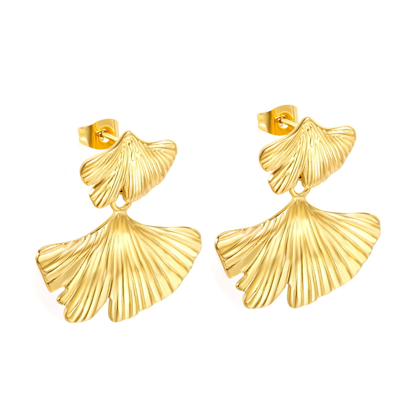 17*11.4mm Small Scallop + 29*20.8mm Large Scallop with Textured Faceted Earrings Goldtone