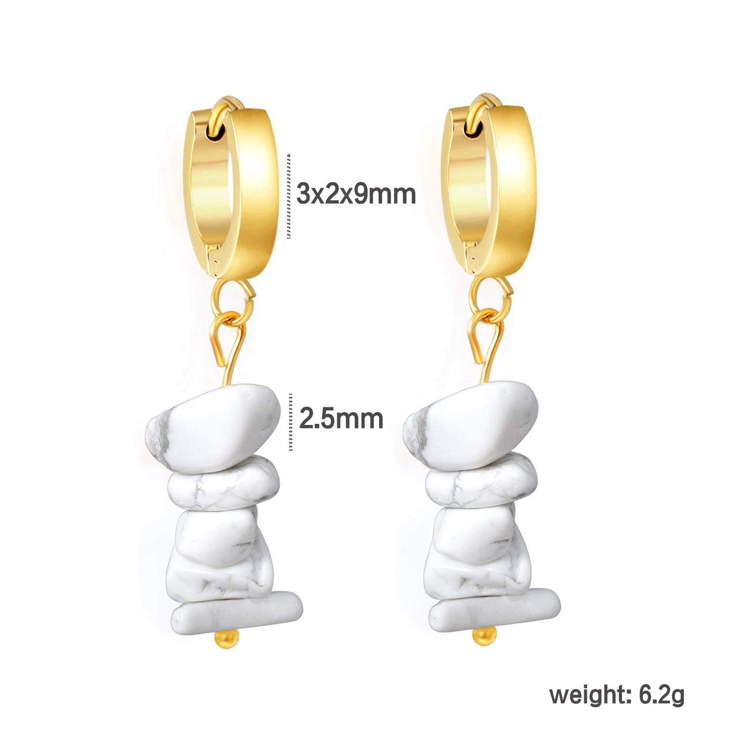 W3*Thick2*ID9mm Spherical Earrings + 2.5cm Imitation Turquoise/White Turquoise/Light Amethyst/Amethyst/Pink Crystals/Larimarite Earrings Gold Color