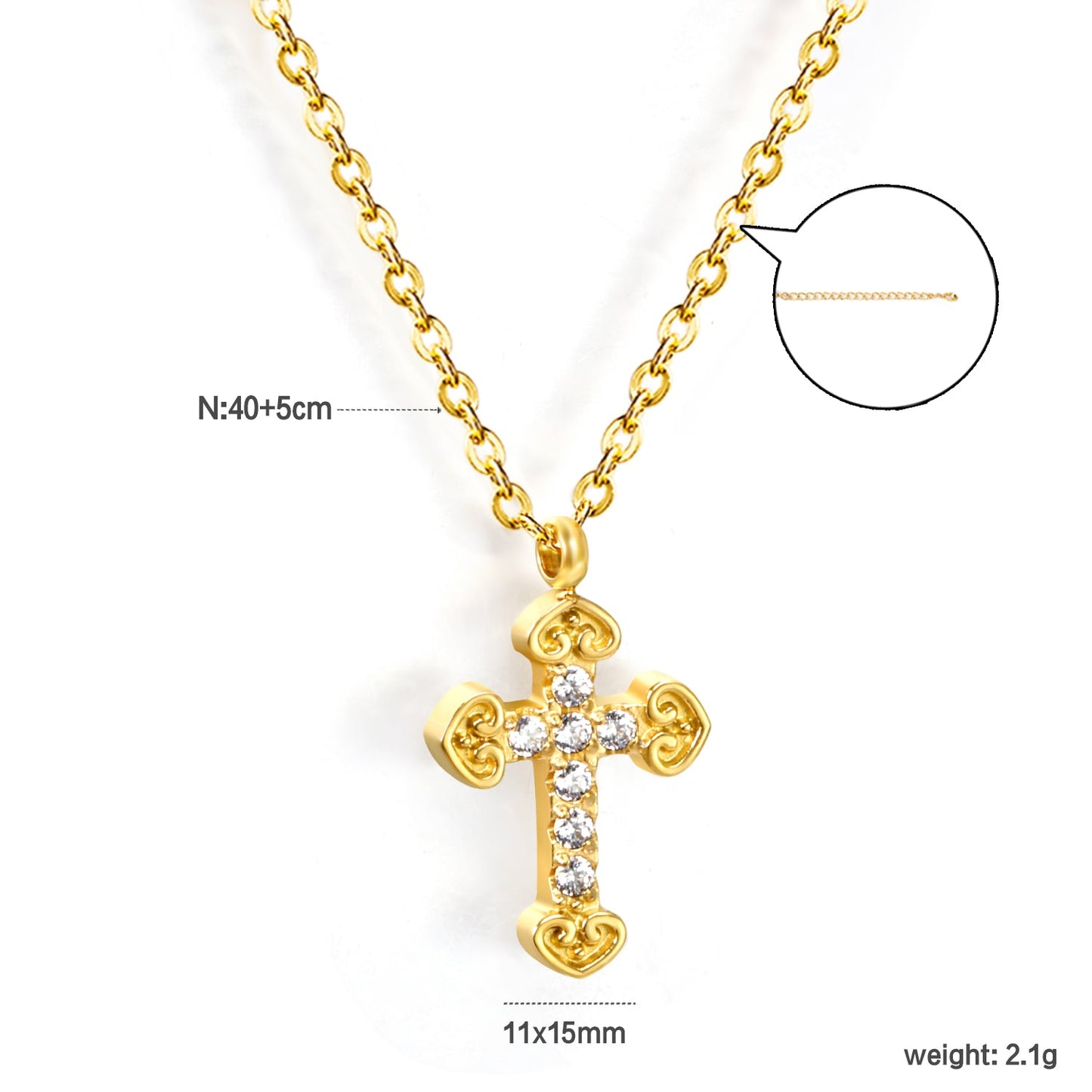11*15mm cross with white zirconium pendant necklace 0.3 cross chain 40+5cm+6mm round tag Gold color