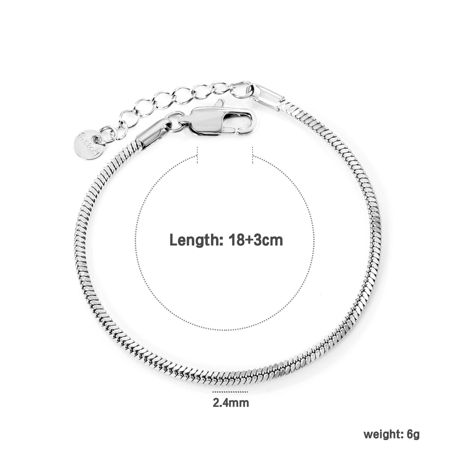 2.0mm/2.4mm Square Snake Bone Bracelet 18+3cm+6mm Round Tail Plaque Steel/Golden